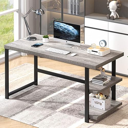 Miniatura 17 de FOLUBAN Escritorio para computadora de 47 pulgadas con estantes de almacenamiento, escritorio moderno de oficina en casa, escritorio de estudio
