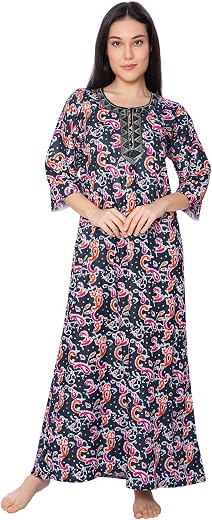 Zenith Text Impex’s Embroidered Neck Full Length 100% Cotton with Long Sleeves Nightie/Maxi/Night Gown - XXL