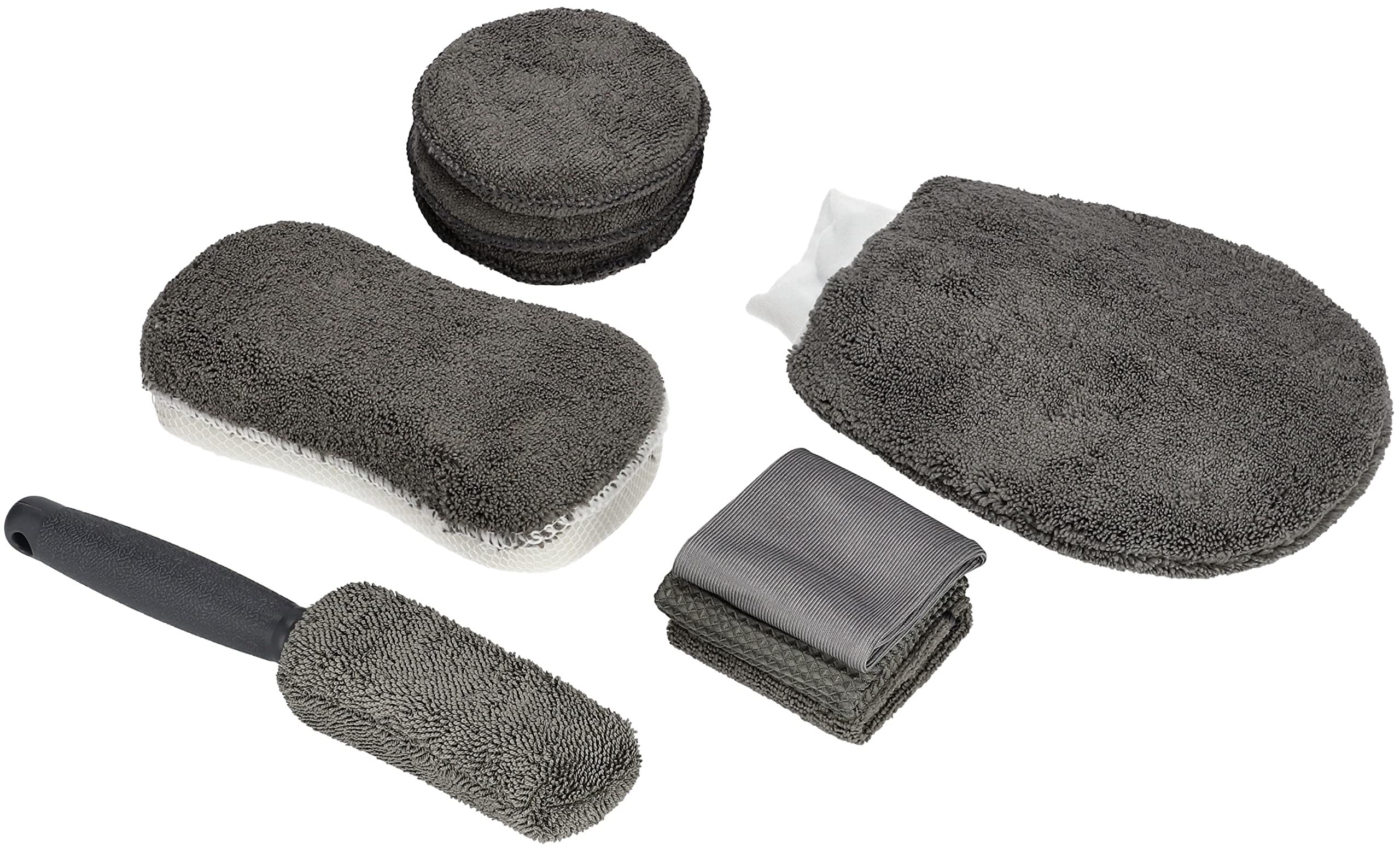 KOTARBAU® Juego de 9 esponjas y paños de Microfibra para el Lavado del Coche, 3 paños, 3 Almohadillas de Pulido, 1 Esponja de Doble Cara, 1 manopla, 1 Cepillo de Mango, Color Gris, Limpieza eficiente