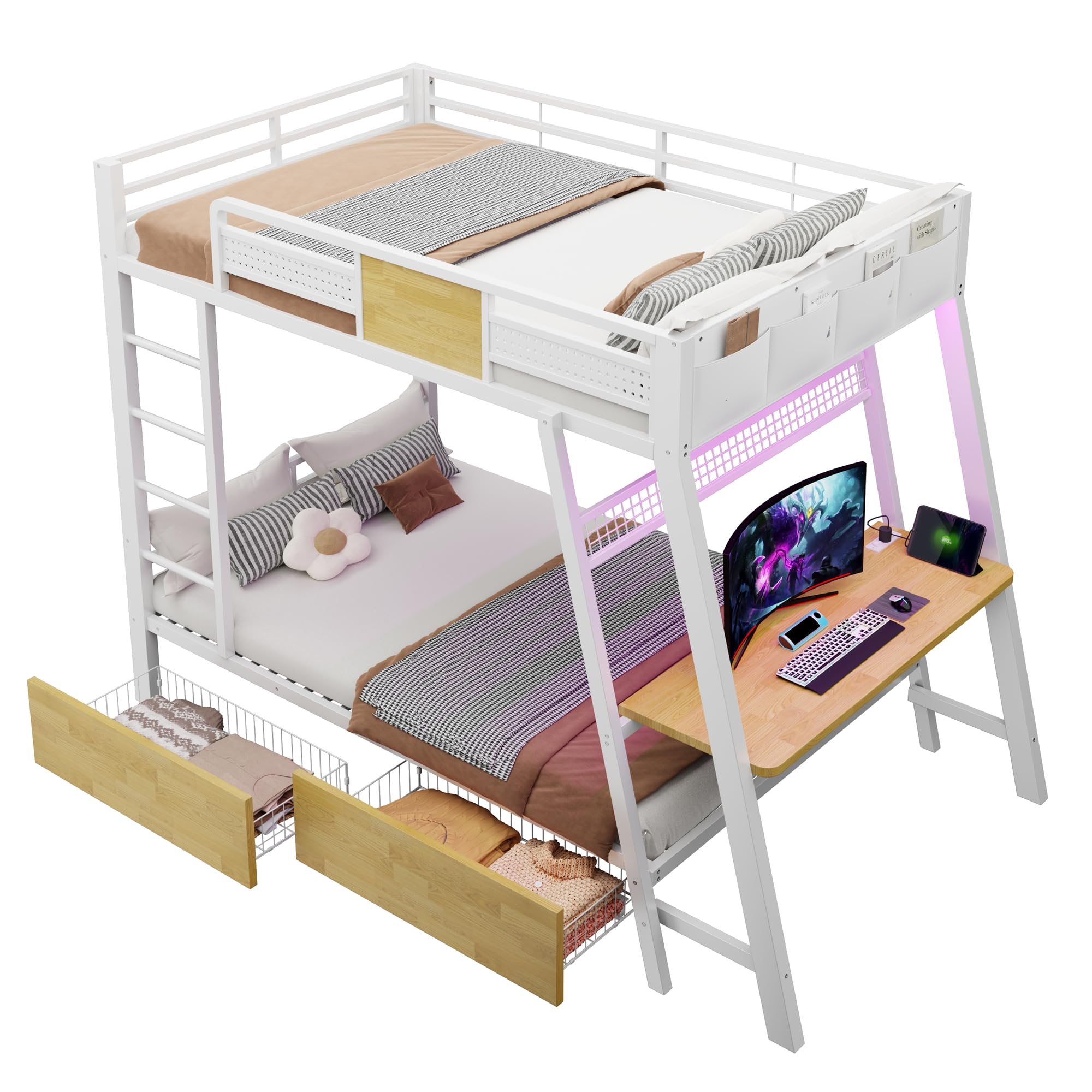 Azkoeesy Letto a castello in metallo resistente con scrivania e presa USB, cassetti su ruote, luci LED RGB con controllo App, Pannello a griglia, per adolescenti e adulti, colore bianco, 90x200 cm