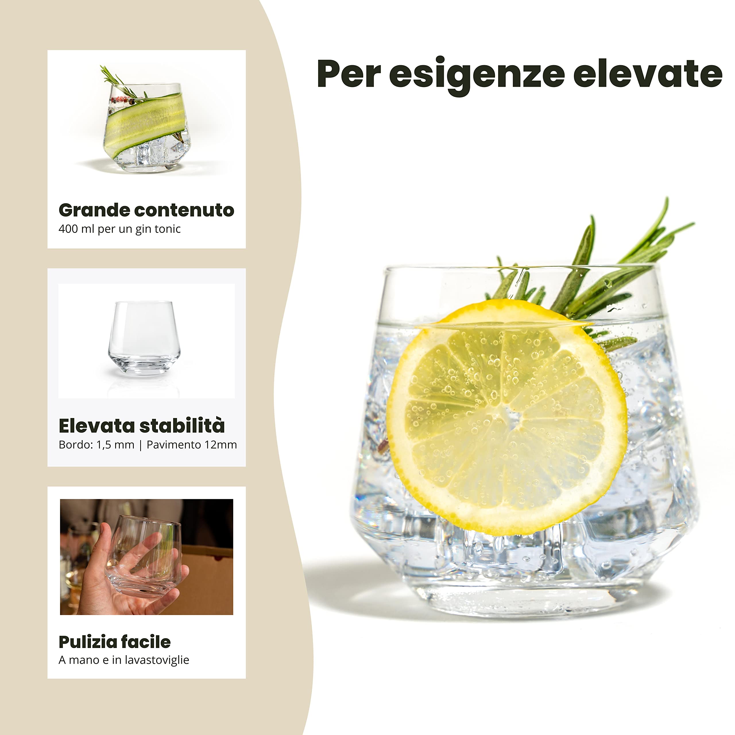 Bicchieri da gin tonic - Set regalo da 4 | 400 ml | Set di bicchieri per Gin Tonic | In scatola regalo con ricette per cocktail | Per cubetti di ghiaccio grandi | Regal per uomini e donne