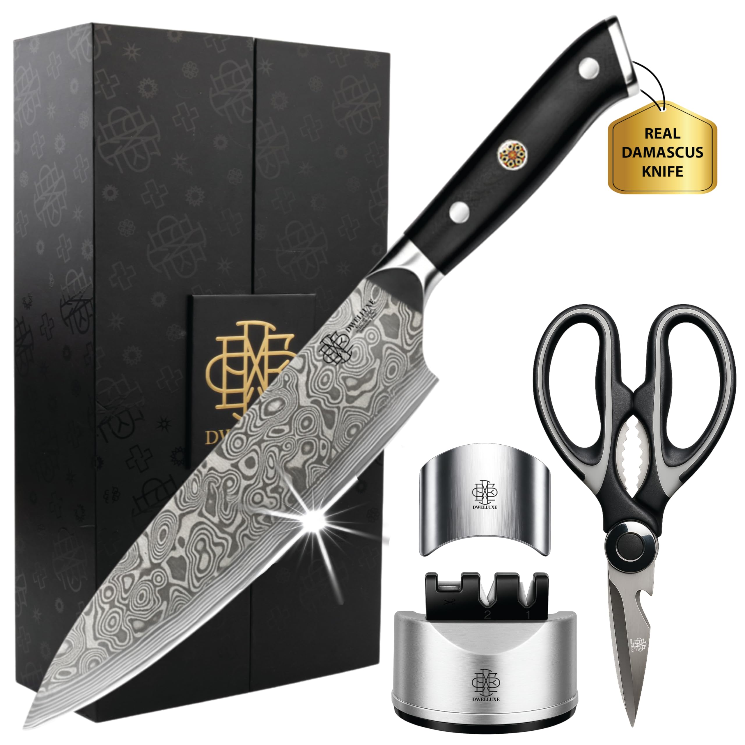 Chef Knife 8 Inch Damascus Kitchen Knife, Japanese VG-10 High Carbon 67-Layers Steel with G10 Handle, Knife Sharpener, Kitchen Scissor & Finger Protector | Luxury Gift Box for You, Family & Restaurant