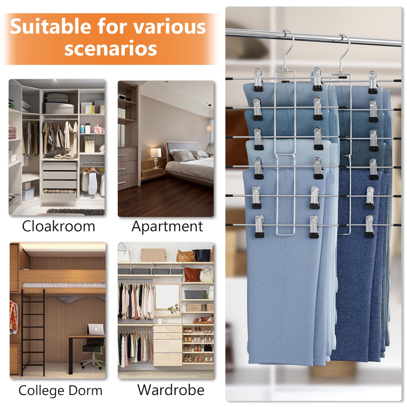Organizadores y almacenamiento de armario, 6 niveles, perchas para faldas y pantalones, ahorro de espacio, organización y almacenamiento duradero para perchas de ropa, perchas para faldas con clips,