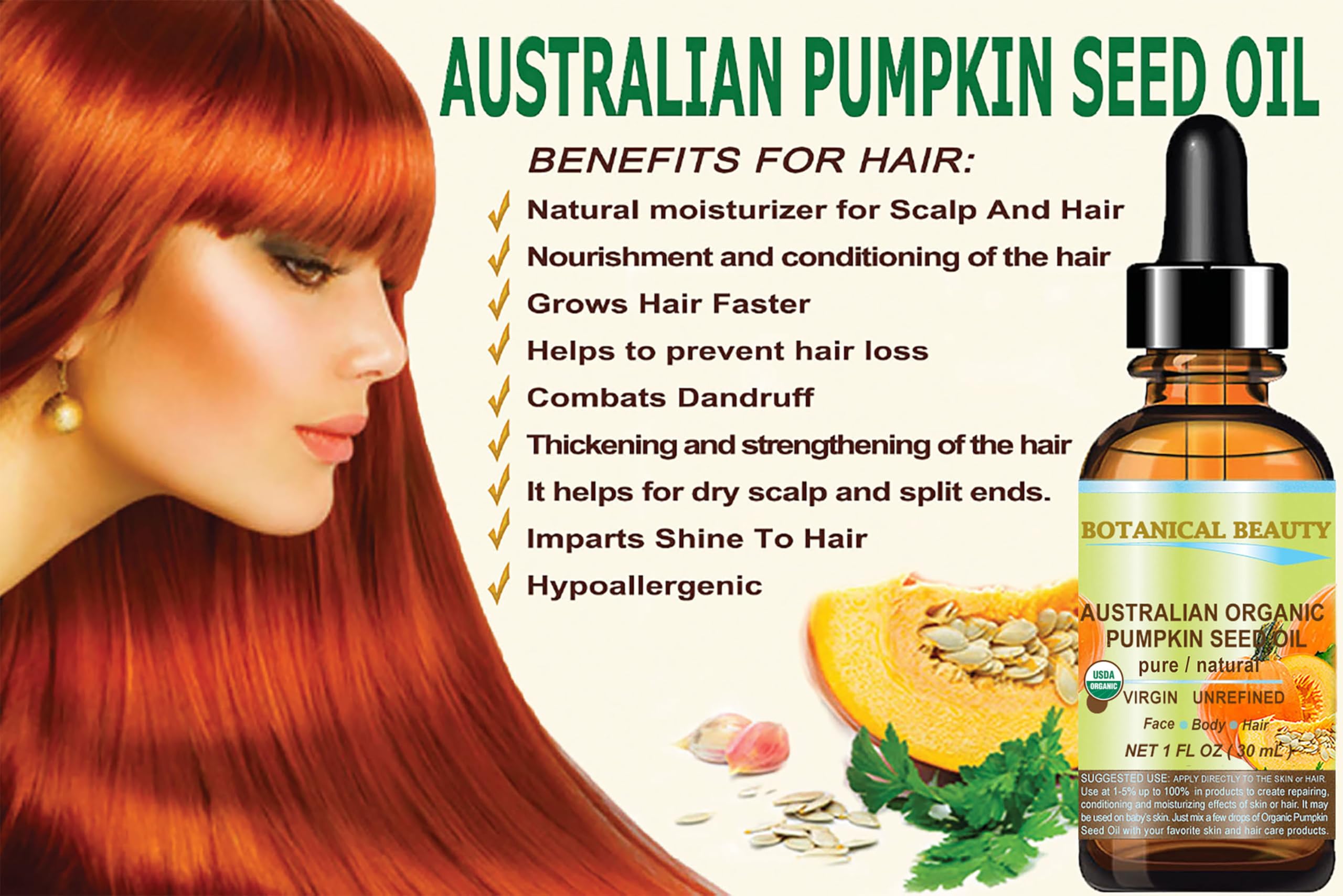 100% Pure Cold Pressed Pumpkin Seed Oil - For Hair Growth, Skin Care, Nails & Eyelashes, 2.02 Fl Oz