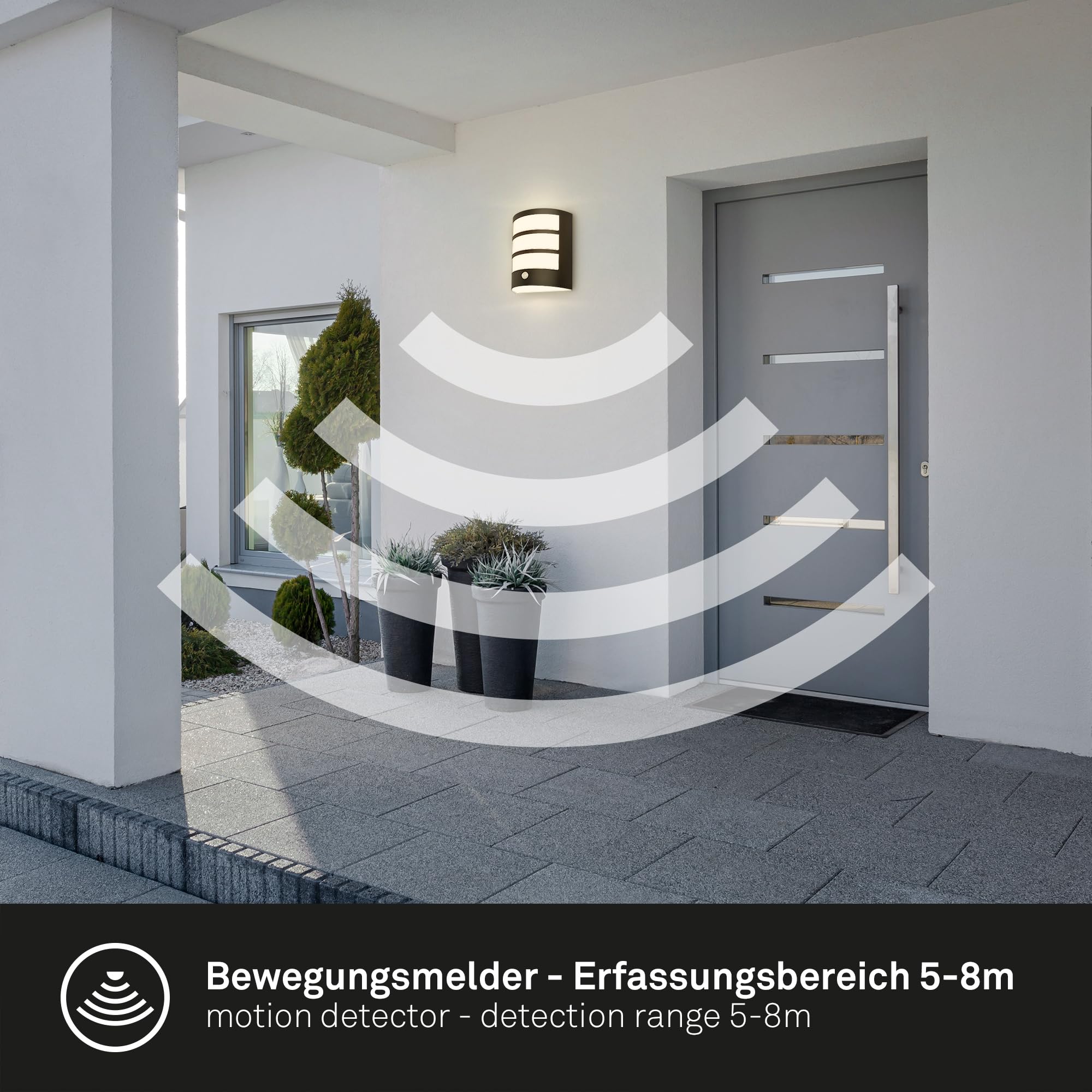 BRILONER - LED Wandleuchte ohne Stromanschluss mit Bewegungsmelder, Dämmerungssensor, 20 sek. Timer, Wandlampe Akku, Wandbeleuchtung außen, Außenleuchte, Outdoor Lampe, 18x15x7 cm, Schwarz