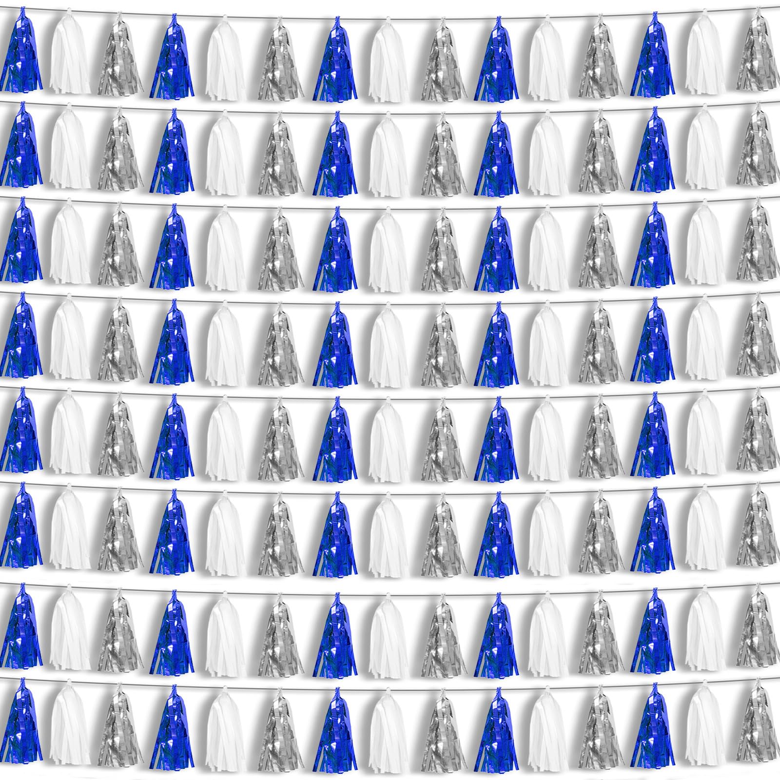8P Navy-Blue White-Silver Tassel Garland Banner, Tassels Banner Streamers for Parade Floats, Bachelorette, Wedding, Birthday, Halloween, Christmas,