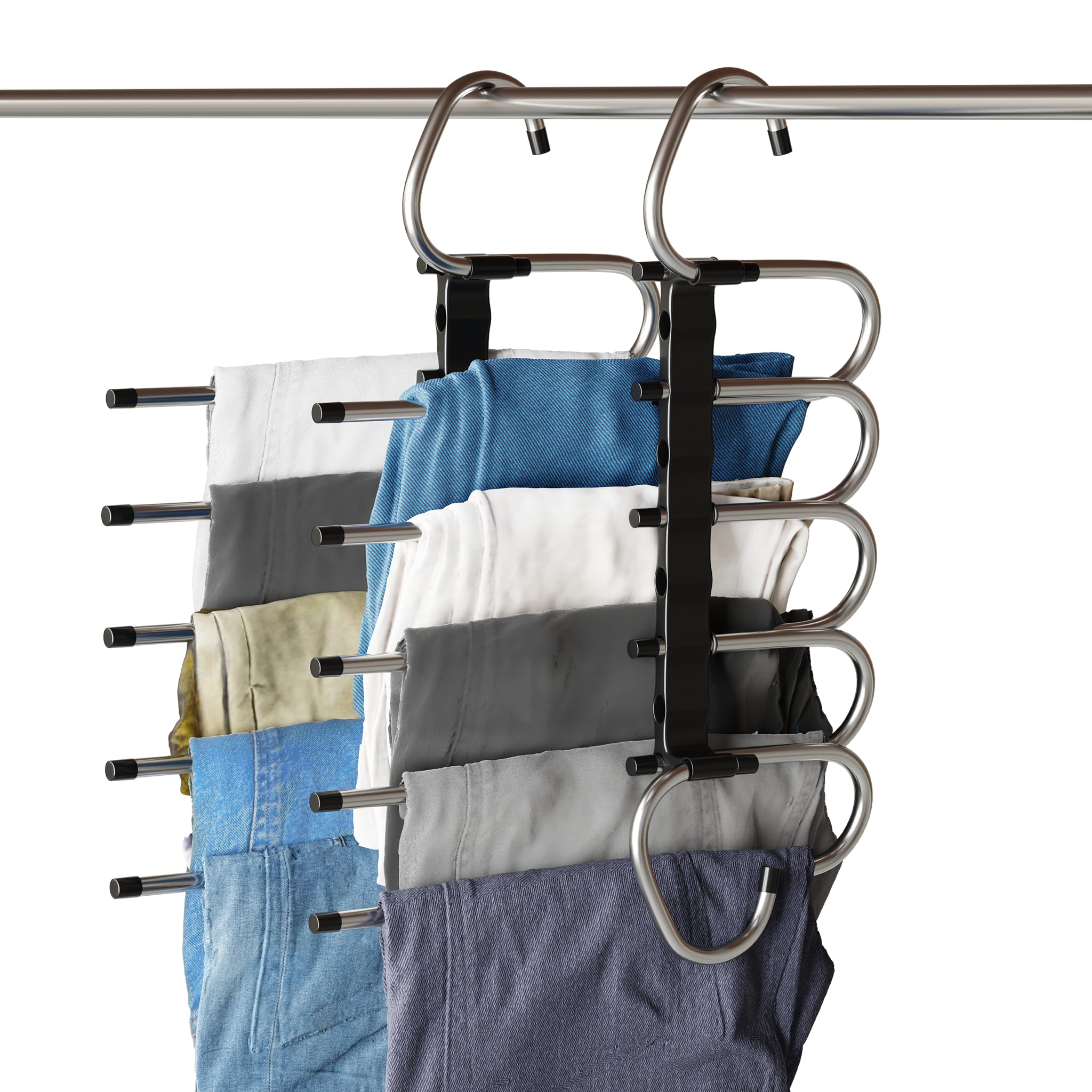 TEX-RO 5 in 1 Pant Hangers for Wardrobe – Stainless Steel Foldable Multi Layer Hangers for Clothes Hanging | Space Saving Trouser Hanger Organiser for Jeans, Saree (Pack of 1)-image-0