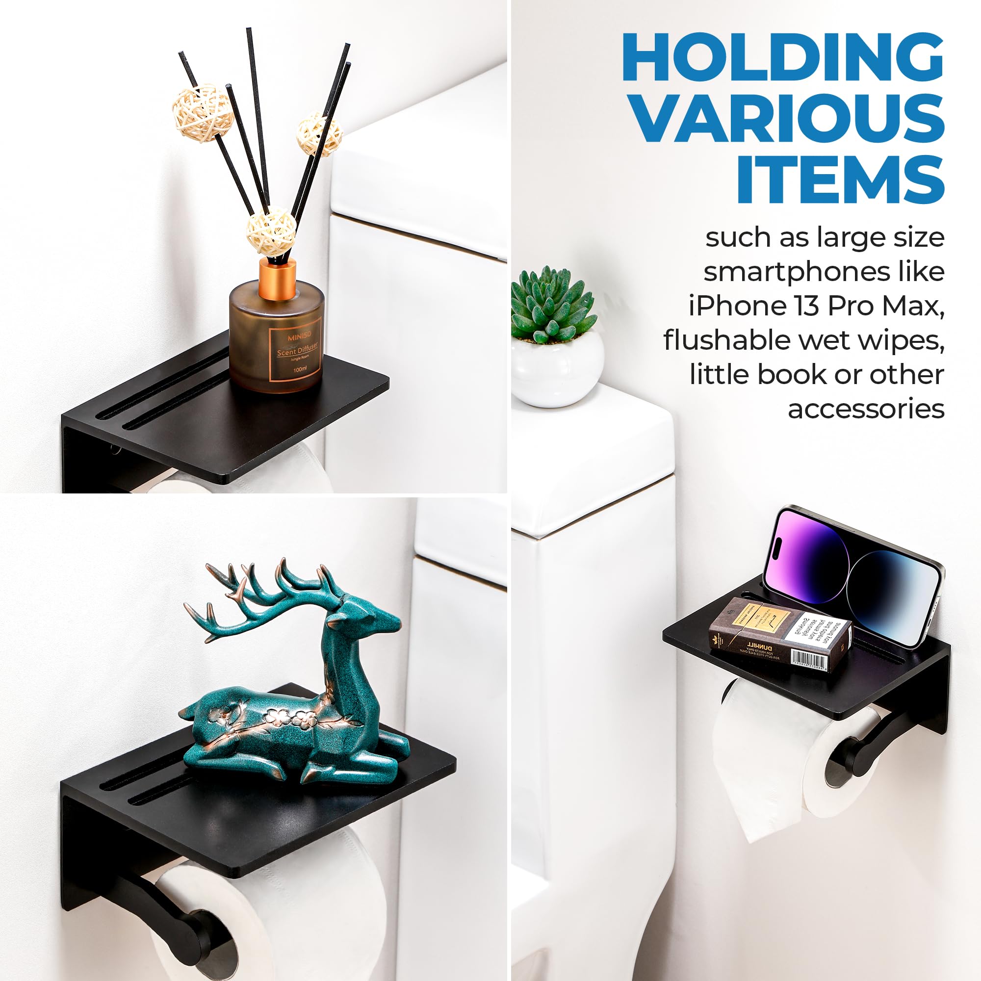 Toilet Paper Holder with Phone Shelf, Self Adhesive Aluminum Tissue Roll Dispenser for Mega Roll, Wall Mounted Toilet Paper Roll Holder for Bathroom,: Black