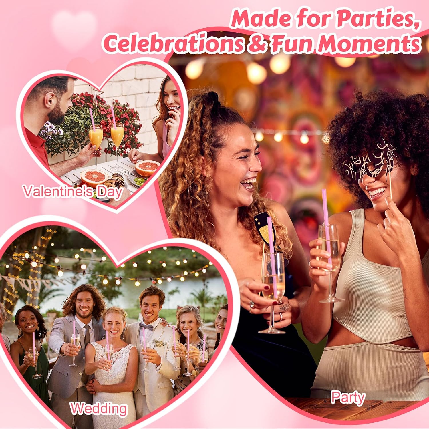 Heart Shaped Straws, Disposable Cute Plastic Straws, Individually Wrapped for Valentine's Wedding Birthday (60, Dark Pink)