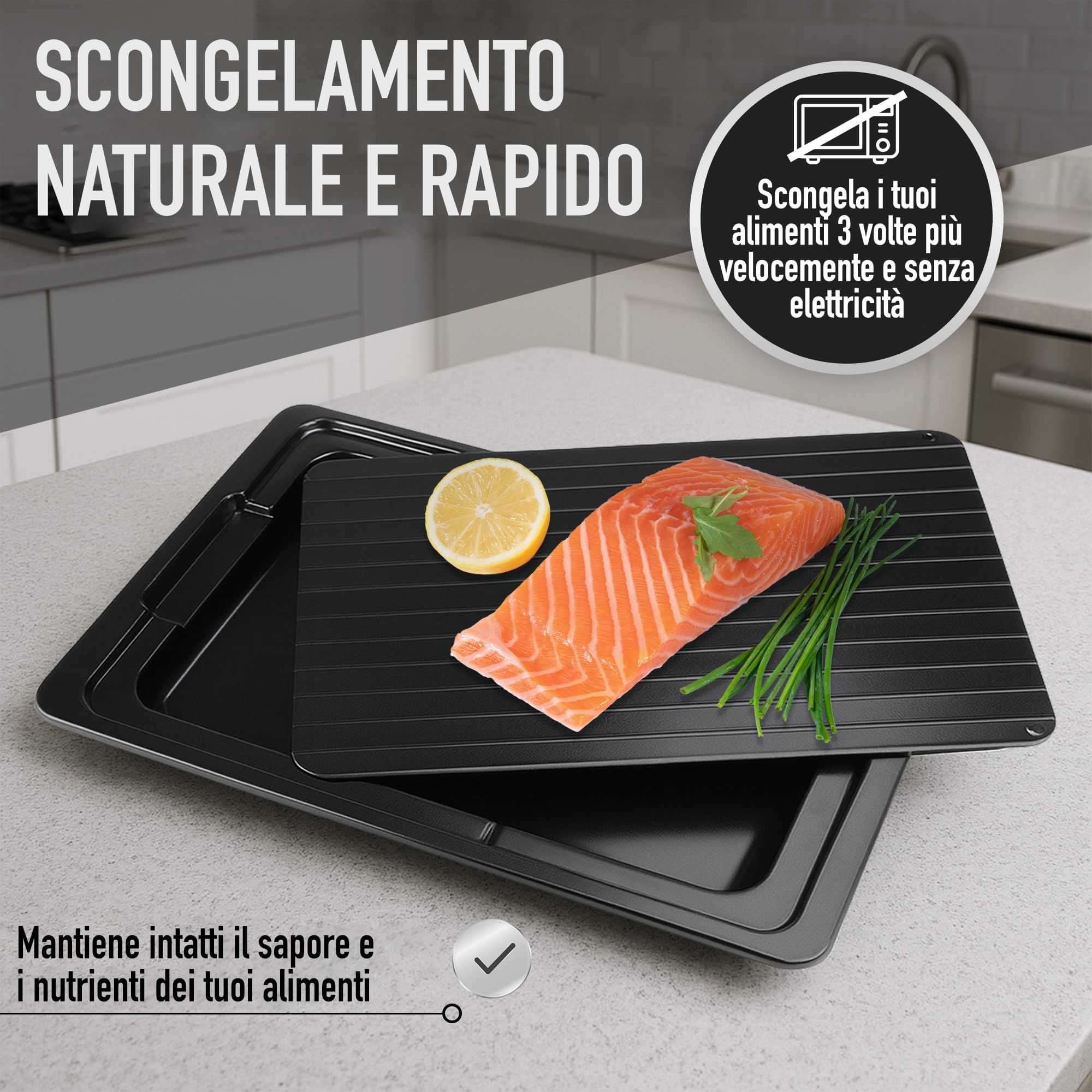 Tavola Sbrinamento Rapido Cibo - Vassoio in Alluminio 35,5 x 20,5 x 0,2 cm con Accessori Spazzola Silicone e Pennello - Piastra per Carne + Pesce + Pollo - Cucina Igienica Riutilizzabile | 3-Stars