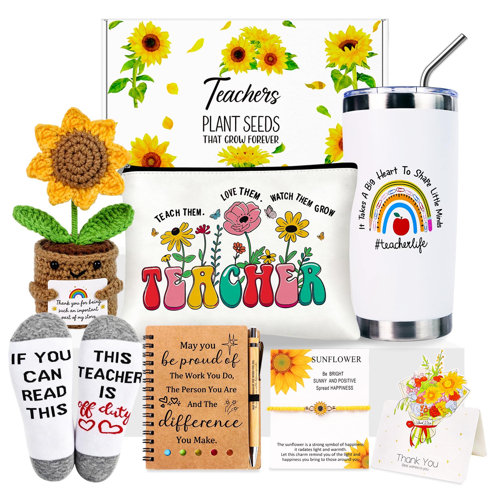 Huiboome Teacher Gifts for Women Teacher Appreciation Gifts with 20oz White Teacher Travel Mug Makeup Bag Sock notebook Sunflower-shaped knitted flower and Thank You Card,End of The Year for Teachers.