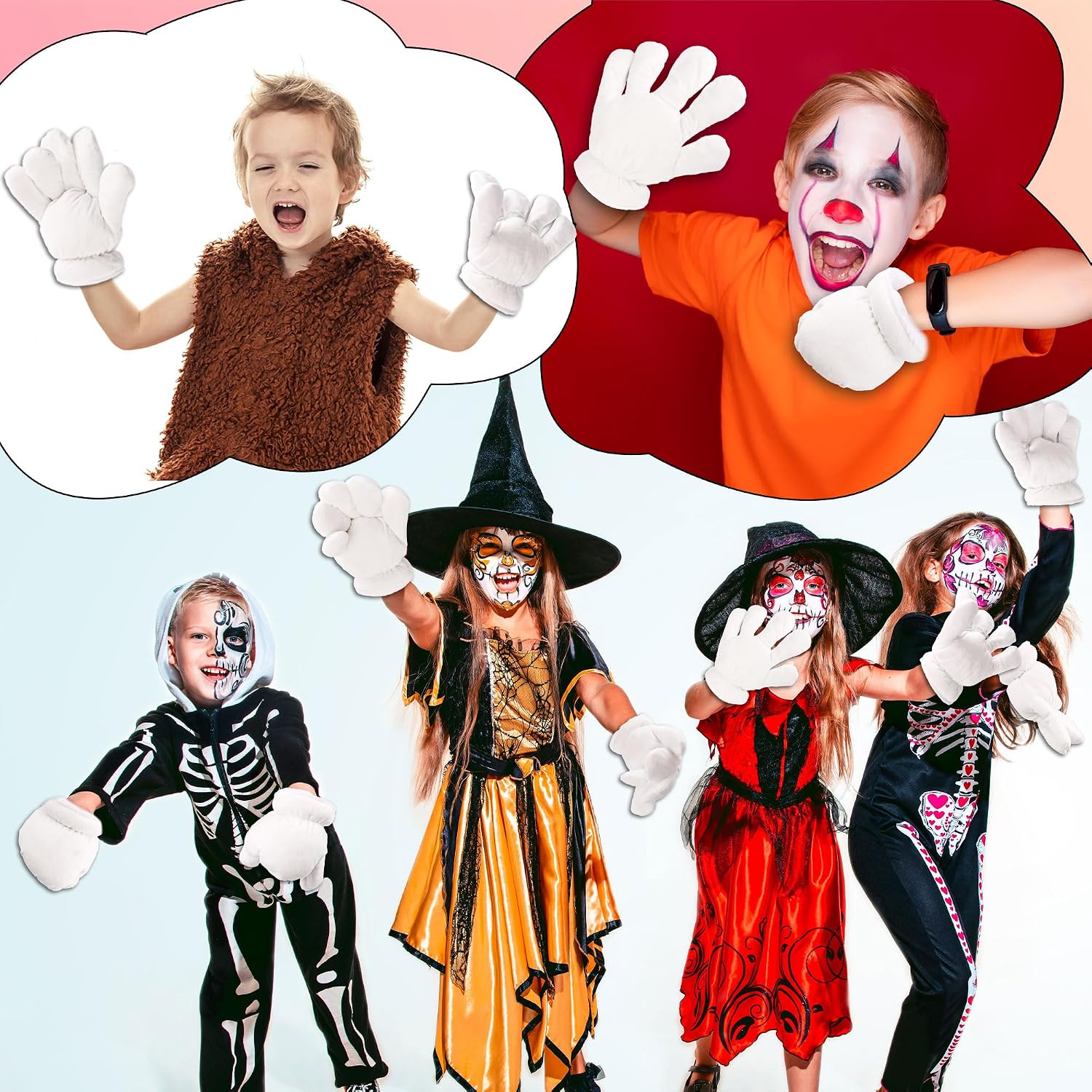 3 Pairs Jumbo Cartoon Hands White Costume Gloves Adults Halloween Gloves for Party Birthday Role Playing Costumes