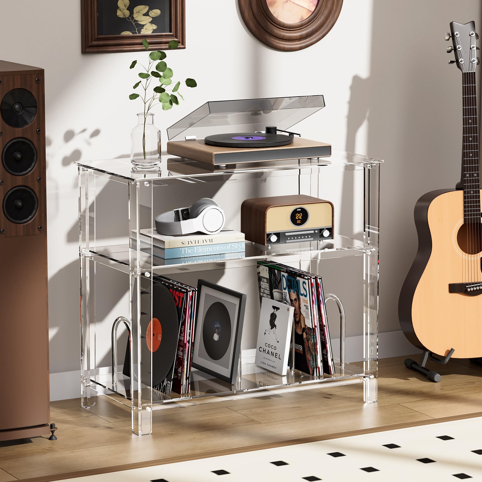 Supporto per giradischi in acrilico, con contenitore in vinile, supporto per giradischi, tavolo portaoggetti per soggiorno, ufficio (trasparente, 80 x 40 x 73 cm)