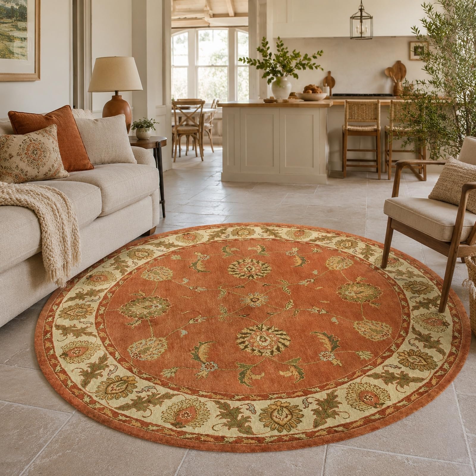 Tapis rond lavable et antidérapant beige 90 cm à motif floral pour chambre