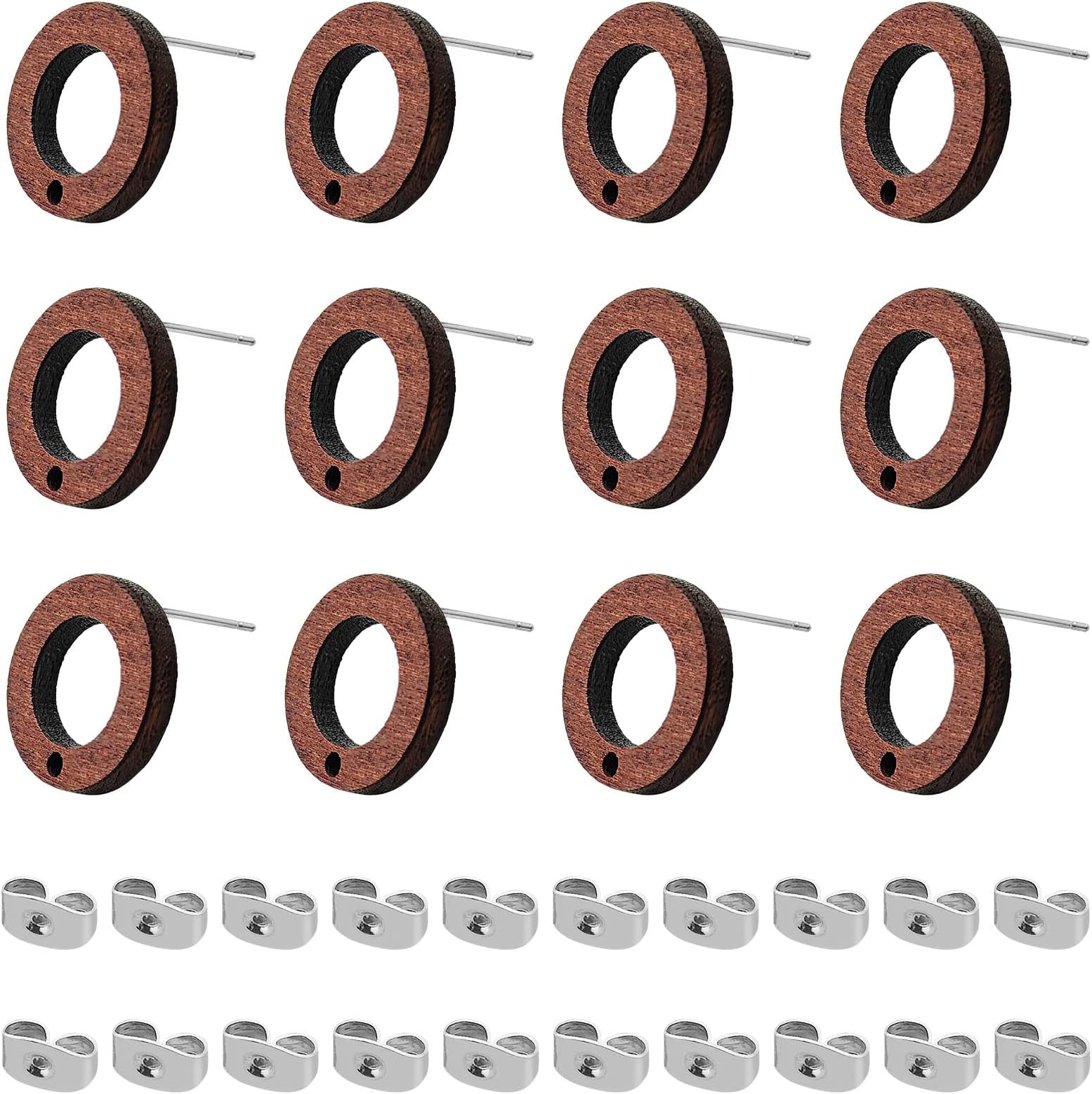 100Pcs Wooden Earring Studs, Ring Shaped, Brown, DIY Earring Making Supplies