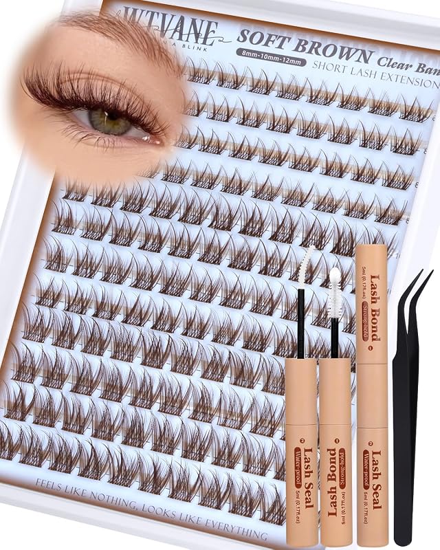 Kit de cílios postiços em tufos wtvane, marrom, curvatura C, 8–12 mm