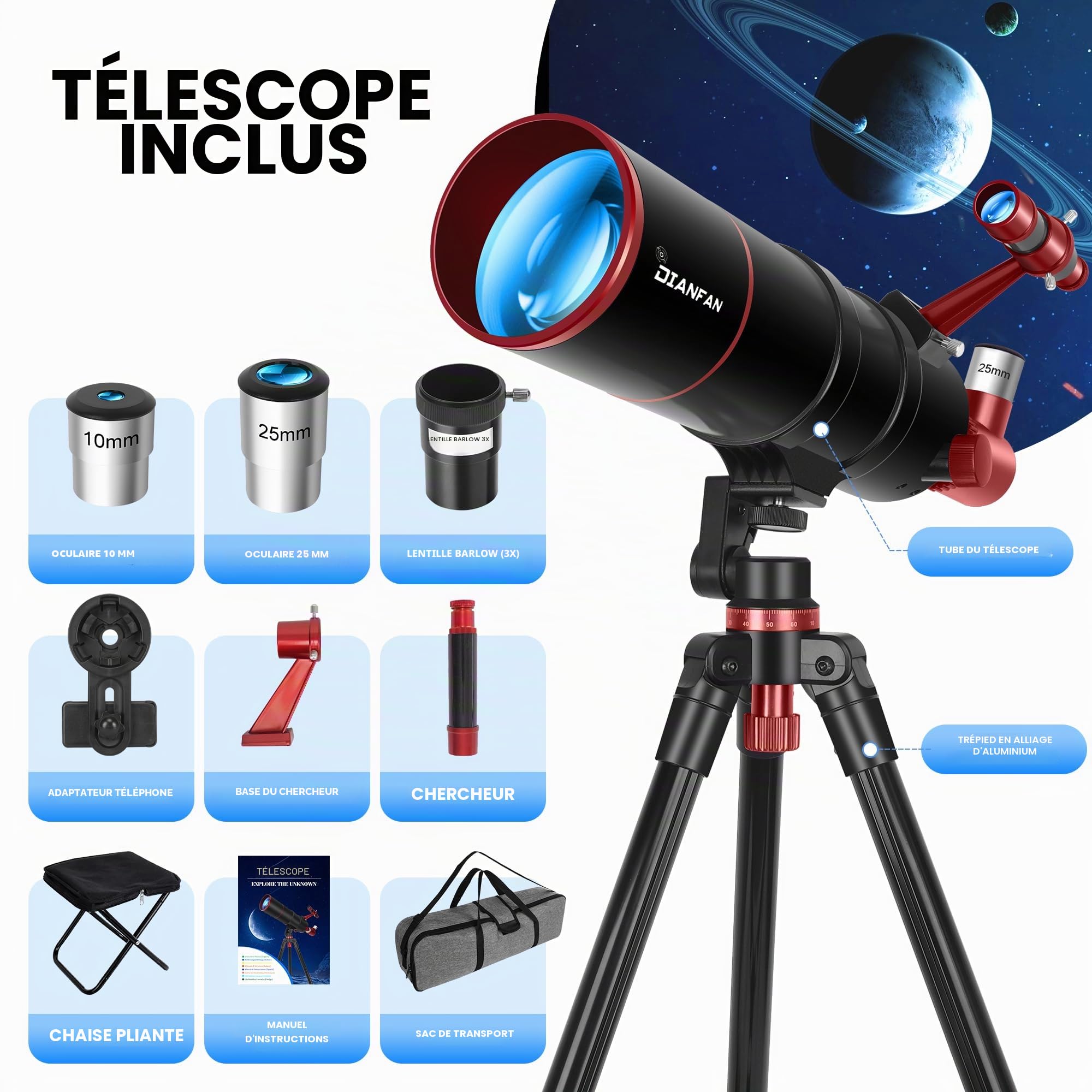 Dianfan Télescope 90/550 Astronomique pour Adultes, Télescope Réfracteur Portatif pour Débutants avec Monture AZ, Trépied, Adaptateur pour Smartphone, Sac de Transport et Tabouret Pliant