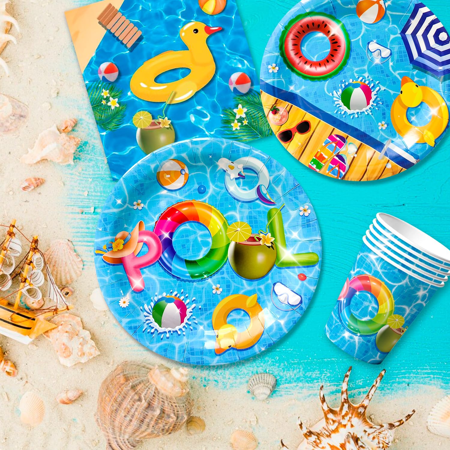 Set di stoviglie per feste in piscina, 97pcs decorazioni per feste in piscina tovaglia, piatti di carta, tovaglioli e bicchieri, per decorazioni da tavola per feste per 24 ospiti