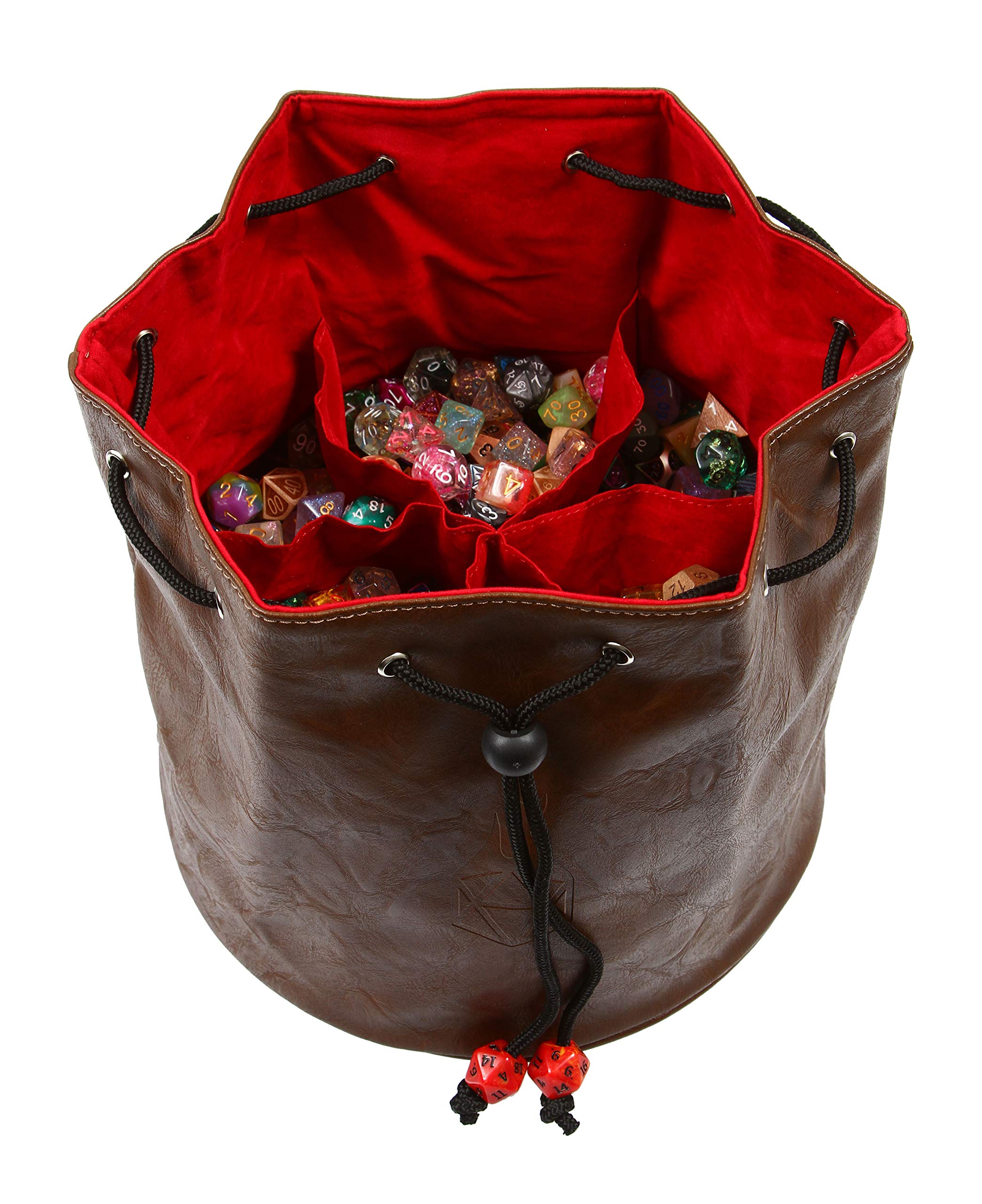 Forged Dice Co. Pouch of The Endless Hoard Dice bag - Holds Over 1,000 Polyhedral Dice - Dice Storage Bag with 7 Pockets - Perfect for Bulk Dice - Brown/Red
