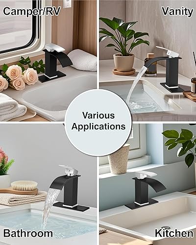 Miniatura 8 de Midanya Grifo de lavabo de baño en cascada, mango cromado pulido, negro mate, boquilla ancha, montaje en cubierta, grifo mezclador de lavabo de