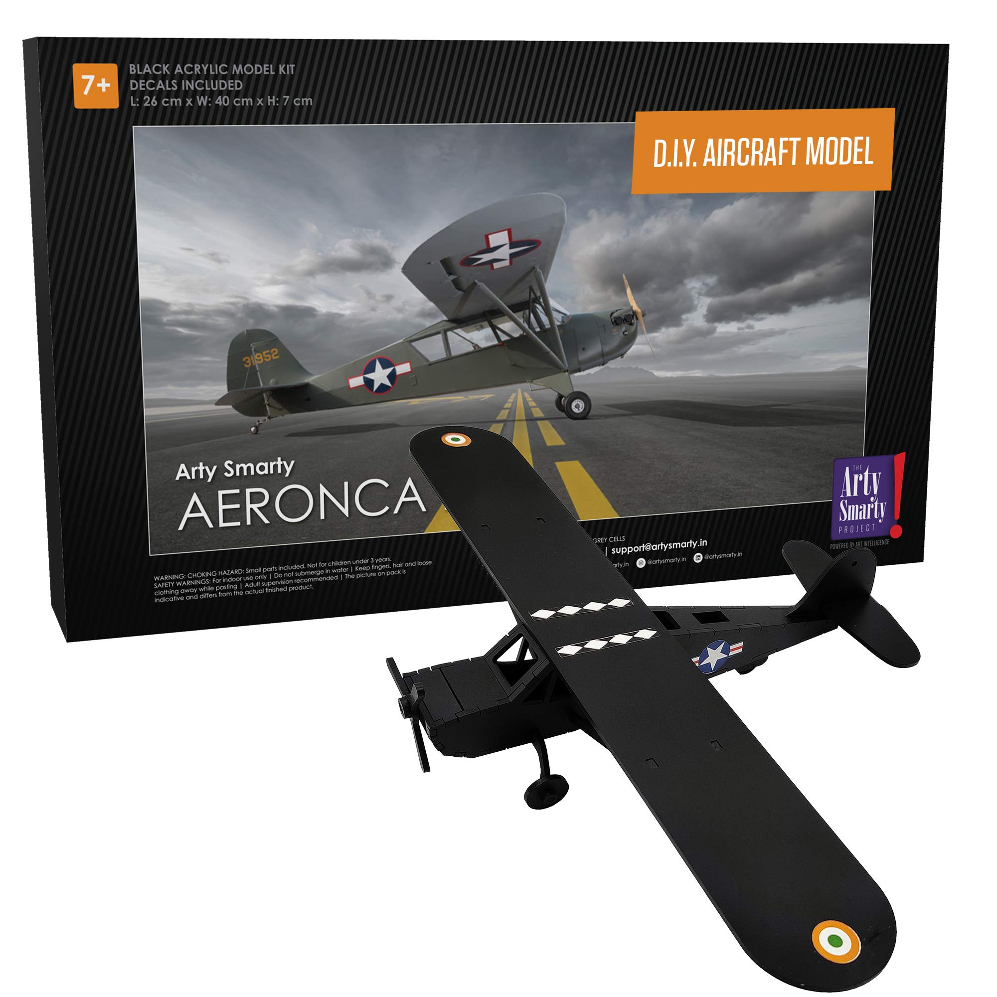 Arty Smarty - Powered by Art Intelligence Kids & Adults Acrylic Model Aircraft- Build Your Own Aeronca L3 Plane-Black