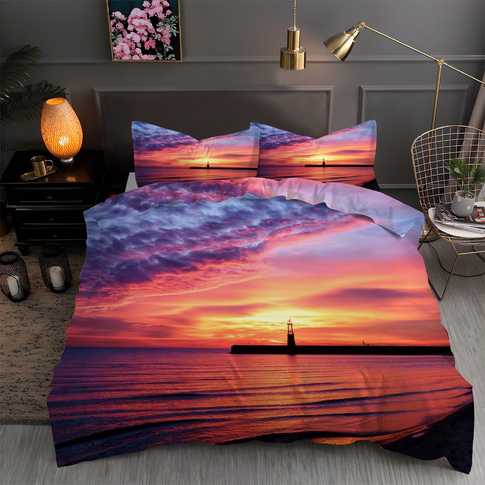 Housse de couette coucher de soleil 90x190 cm avec 2 taies d'oreillers fermeture éclair