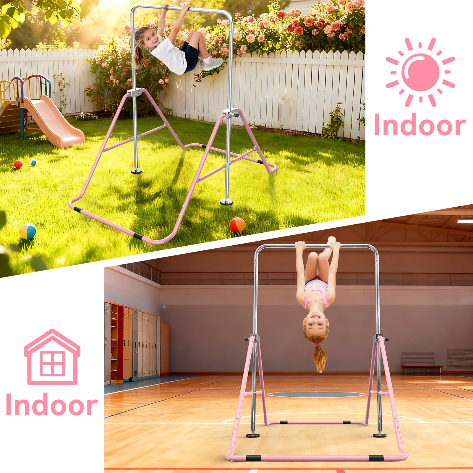 Barra de Gimnasia para Niños, Altura Ajustable y Plegable – con Anillos, Barra Horizontal para Interior, Equipo de Entrenamiento en Casa para Niñas y Niños