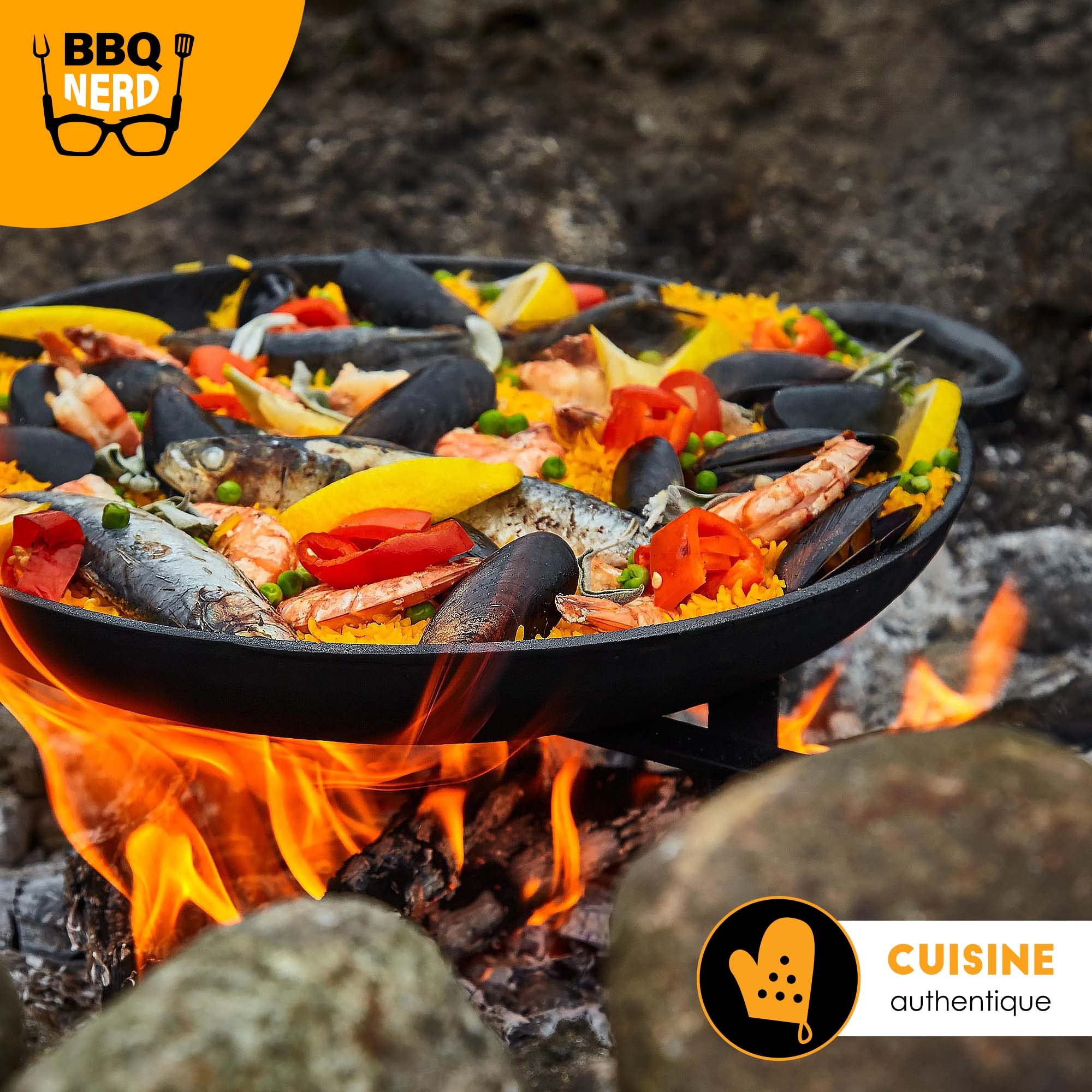 Poêle à paella en fonte Ø 36 cm (6 personnes) Poêle antiadhésive avec fond plat pour paella espagnole traditionnelle - Poêle en fonte pour barbecue - Induction