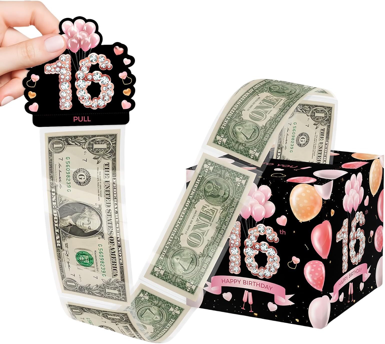 Black Pink Pull Surprise Money Box - 16th Birthday Cash Gift Presentation Box