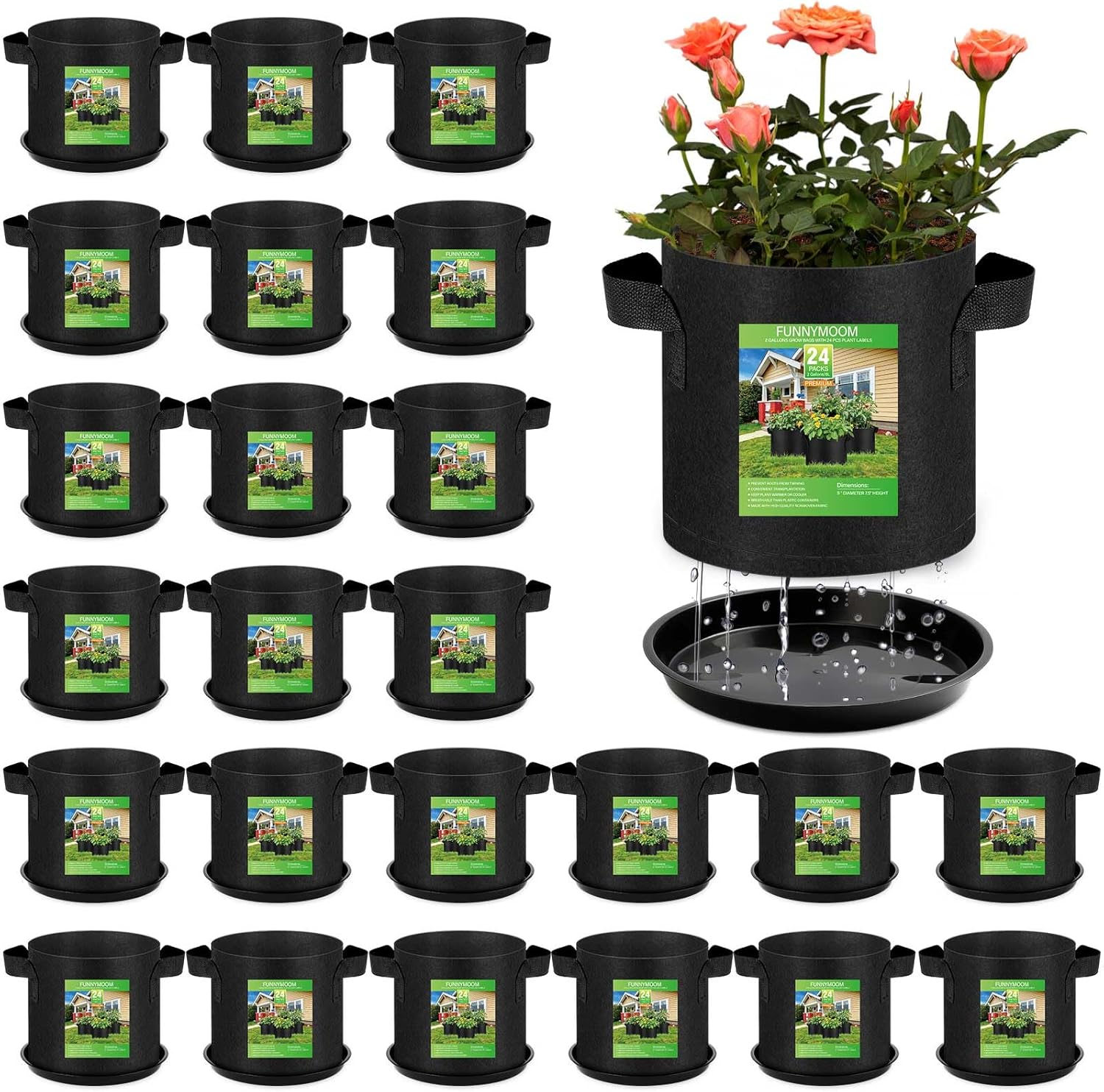 24 Sets 2 Gallon Grow Bag with Plant Saucers, Durable Aeration Fabric Pots with Handles Black Drainage Planter Bags Reusable Garden Bags Plastic Drip Trays Set for Indoor Outdoor