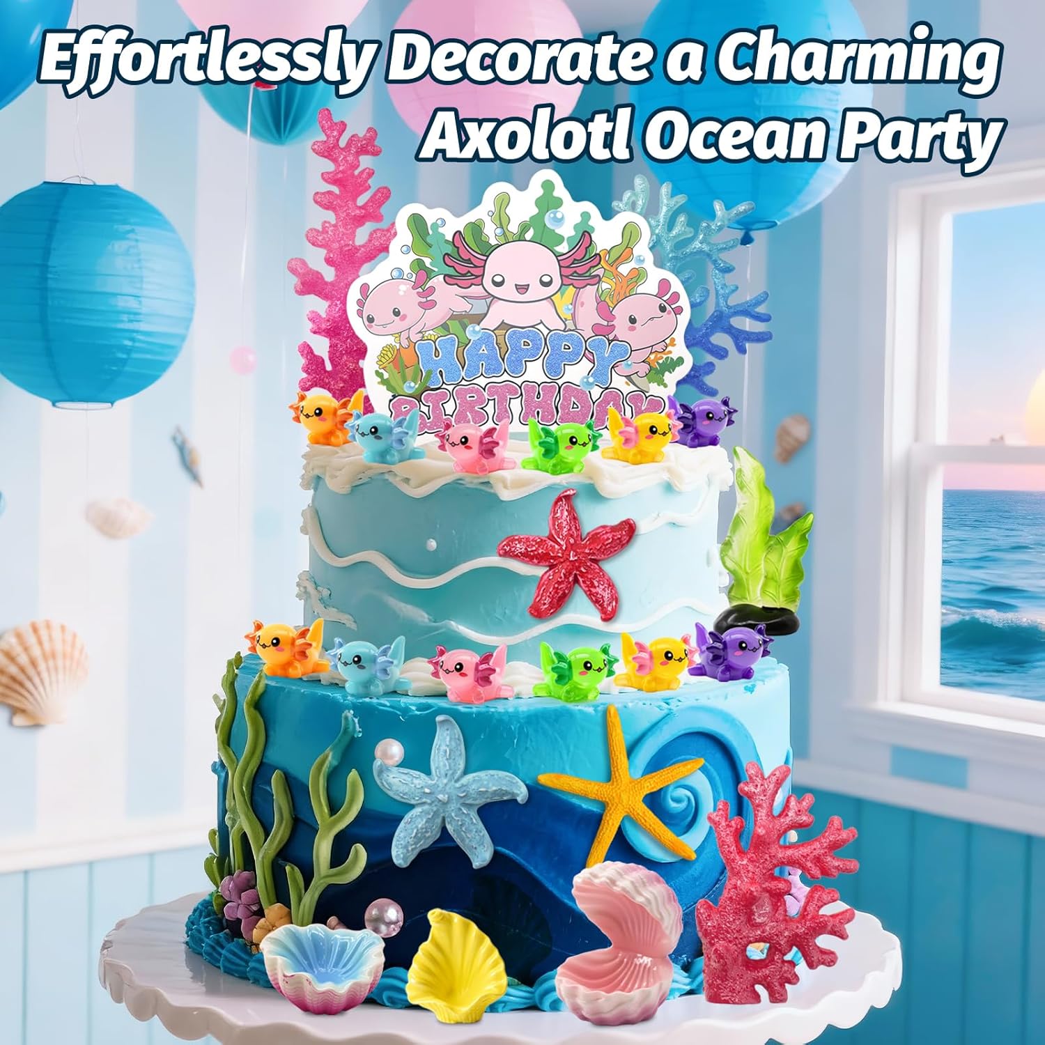 23Pcs Axolotl Cake Topper Kit, Adorable Axolotl Birthday Decorations for Cakes, Cupcakes & Party Dessert Table, Ocean Theme Party Supplies