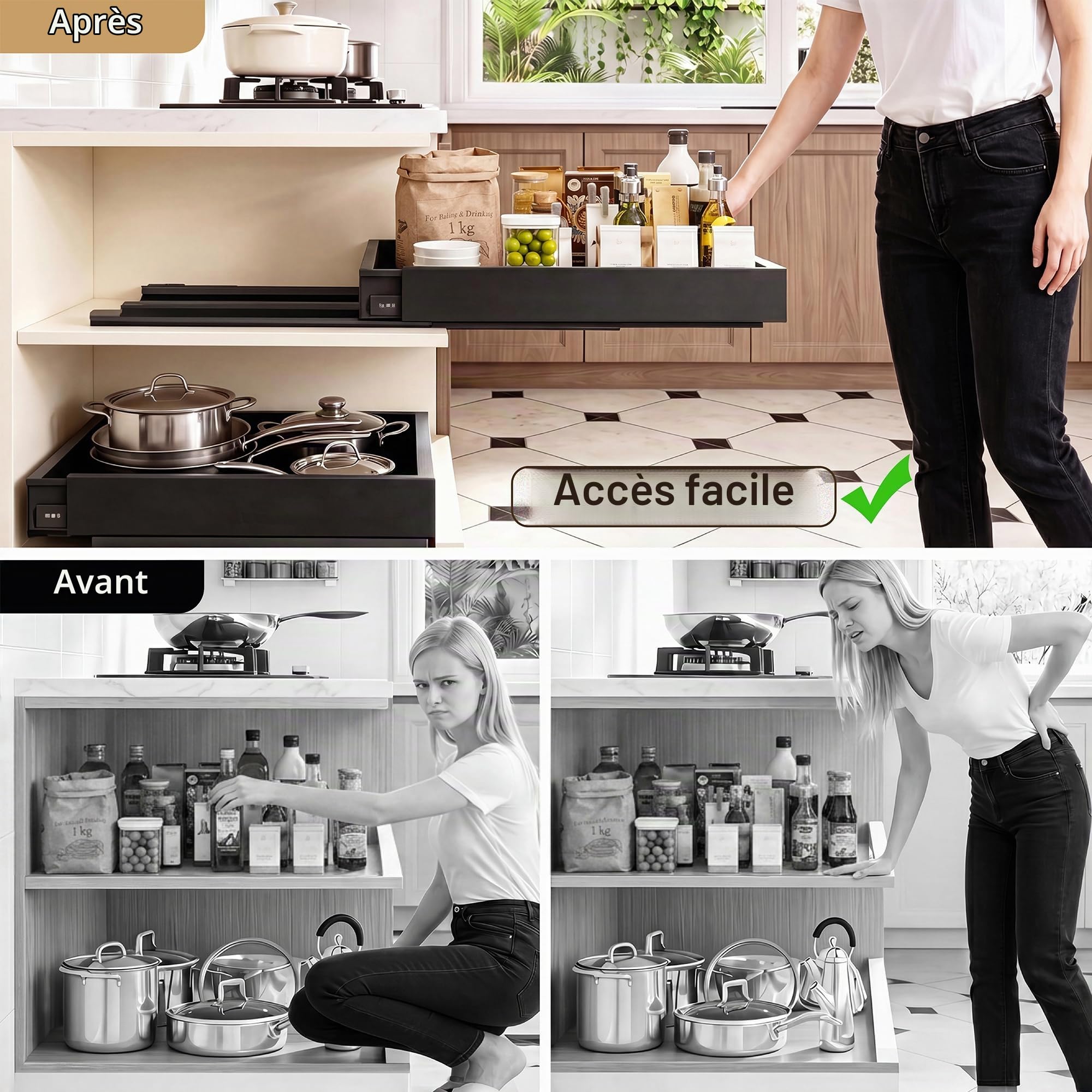 Lot de 2 Tiroirs Coulissants de Cuisine à 4 Directions, Noir | Tiroir Télescopique, Largeur 30-48cm & Profondeur 36-55,5cm, pour Armoires avec/sans Cadre, Structure en Métal, Sans Perçage