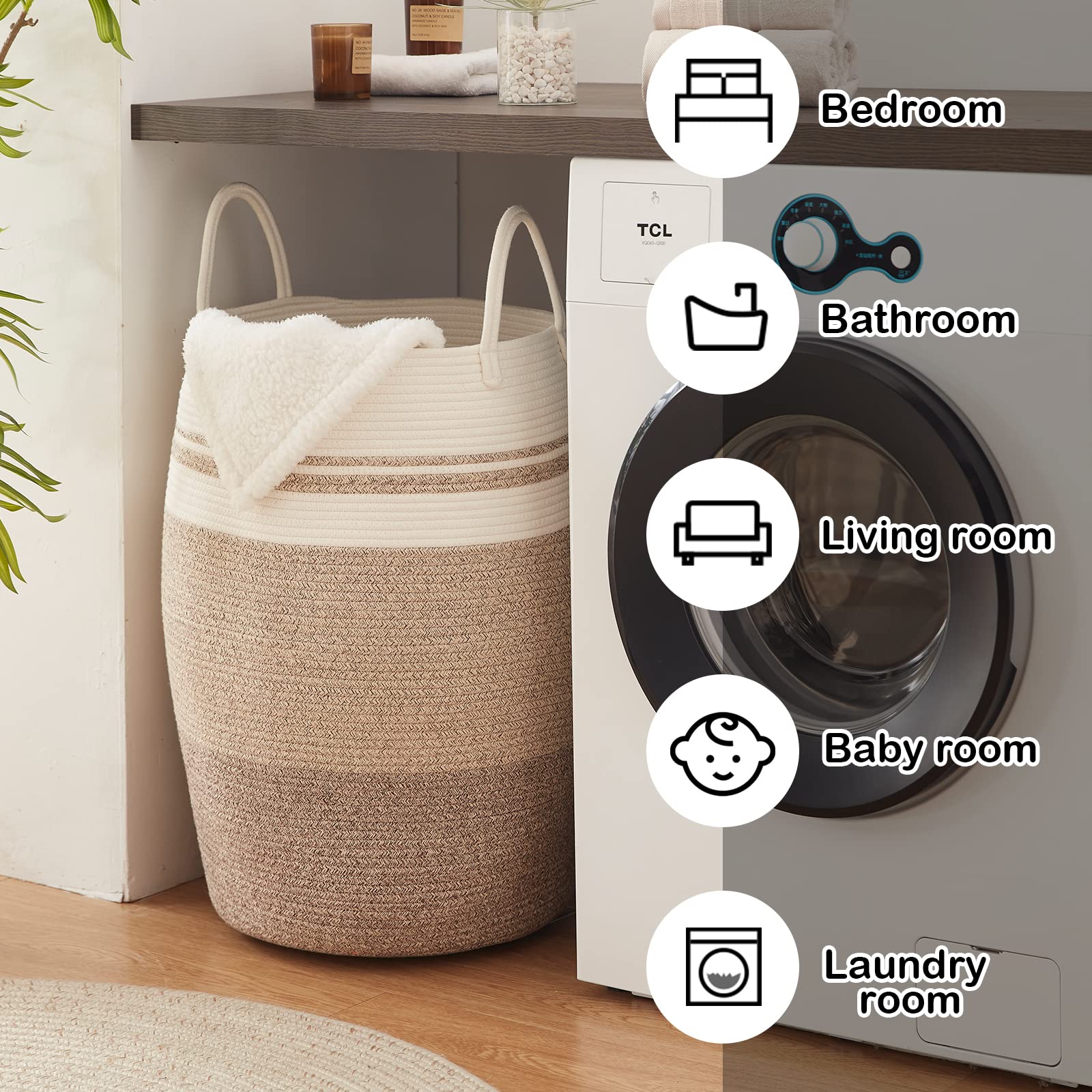 OIAHOMY Laundry Hamper Woven Rope Large Clothes Hamper 25.6" Cesta de lavandería de altura alta con manijas extendidas para ropa de almacenamiento Juguetes en el dormitorio, cuarto de baño, plegable
