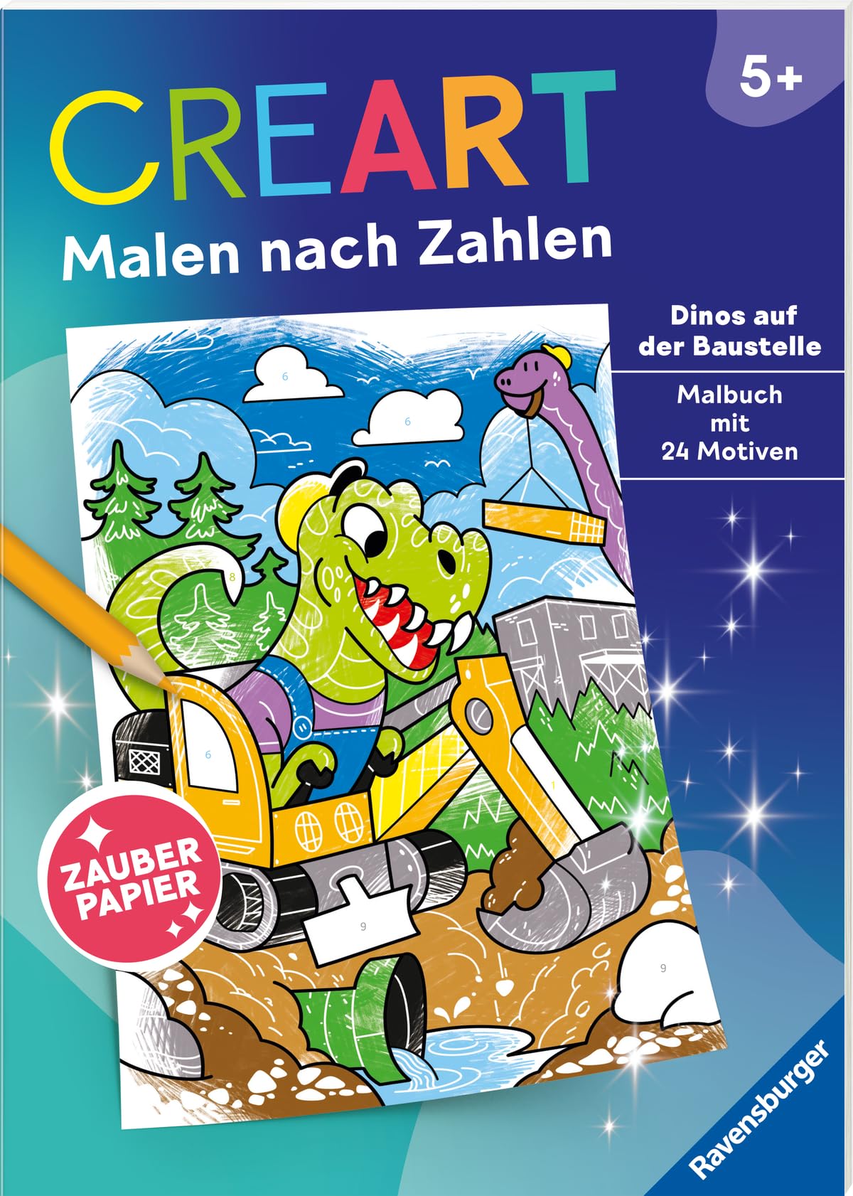 CreArt Malen nach Zahlen ab 5 - Zauberpapier: Dinos auf der Baustelle