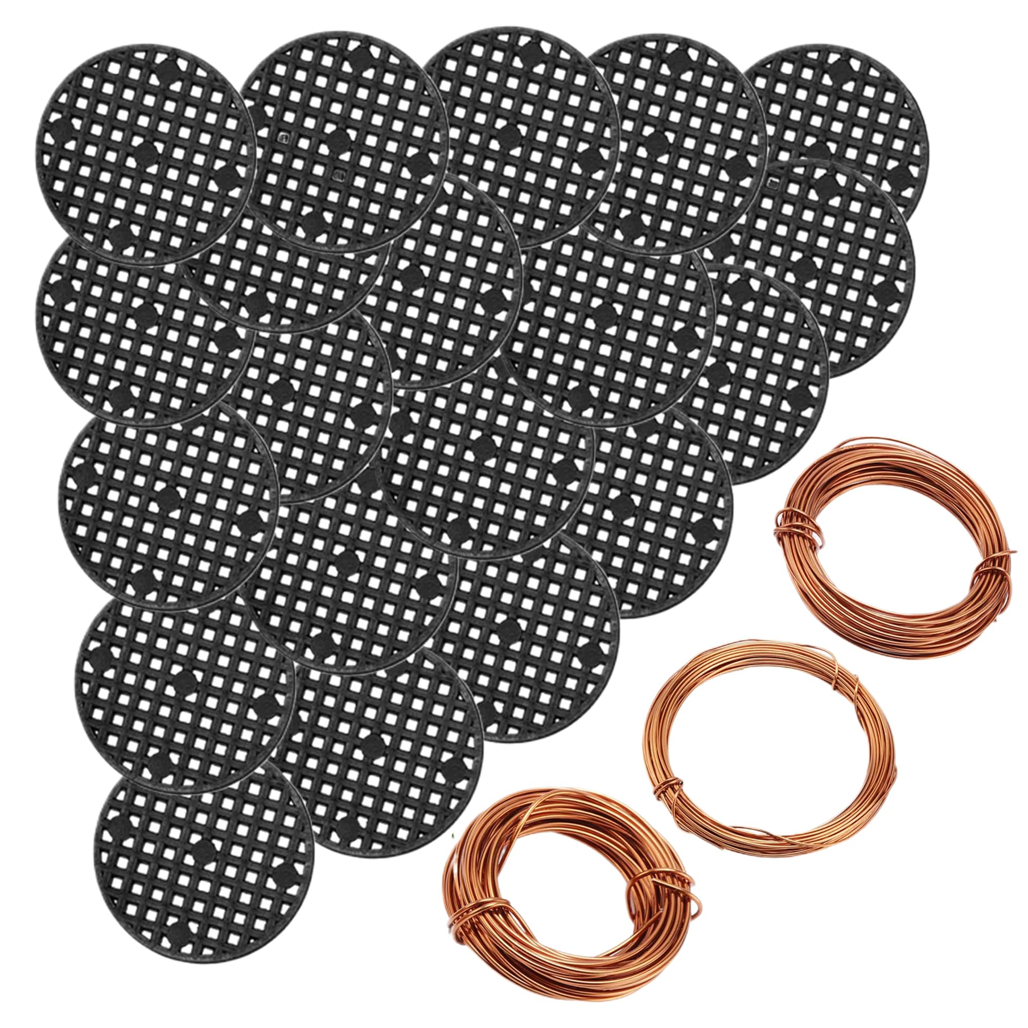 QCZOYP Bonsai Tool Set, 20 Pcs 4.5cm Round Bonsai Pot Bottom Grid Mat Mesh & 3 Roll Anodized Aluminum Wire, Painted Metal Cord for DIY Jewelry Craft Making, Plastic Mesh Keep Soil from Flowing Away