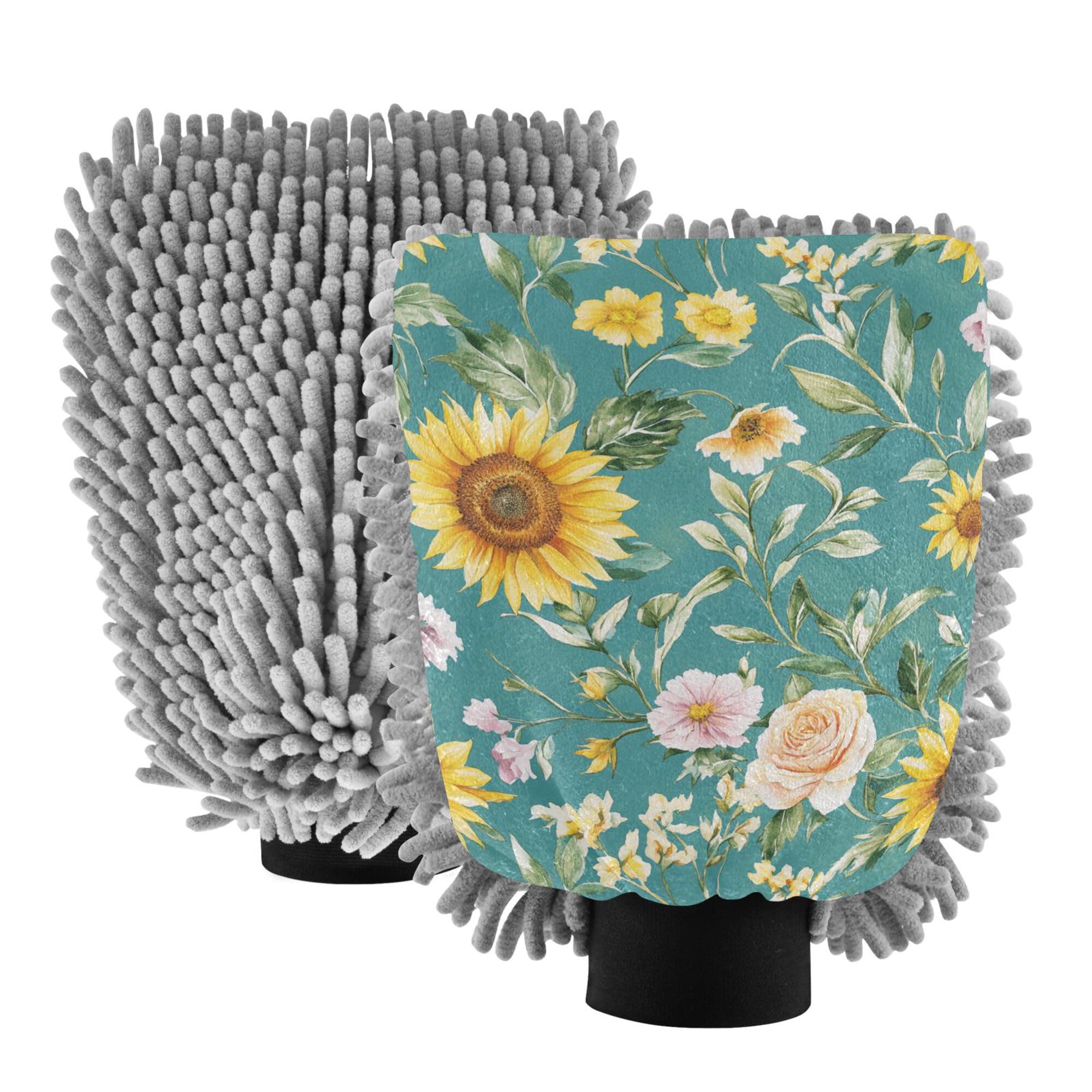 Flowers Sunflower Carnation Teal Microfiber Car Wash Mitt 2 Pack Cars Washing Mitt Non Scratch Detailing Clean Rag for Auto Supplies