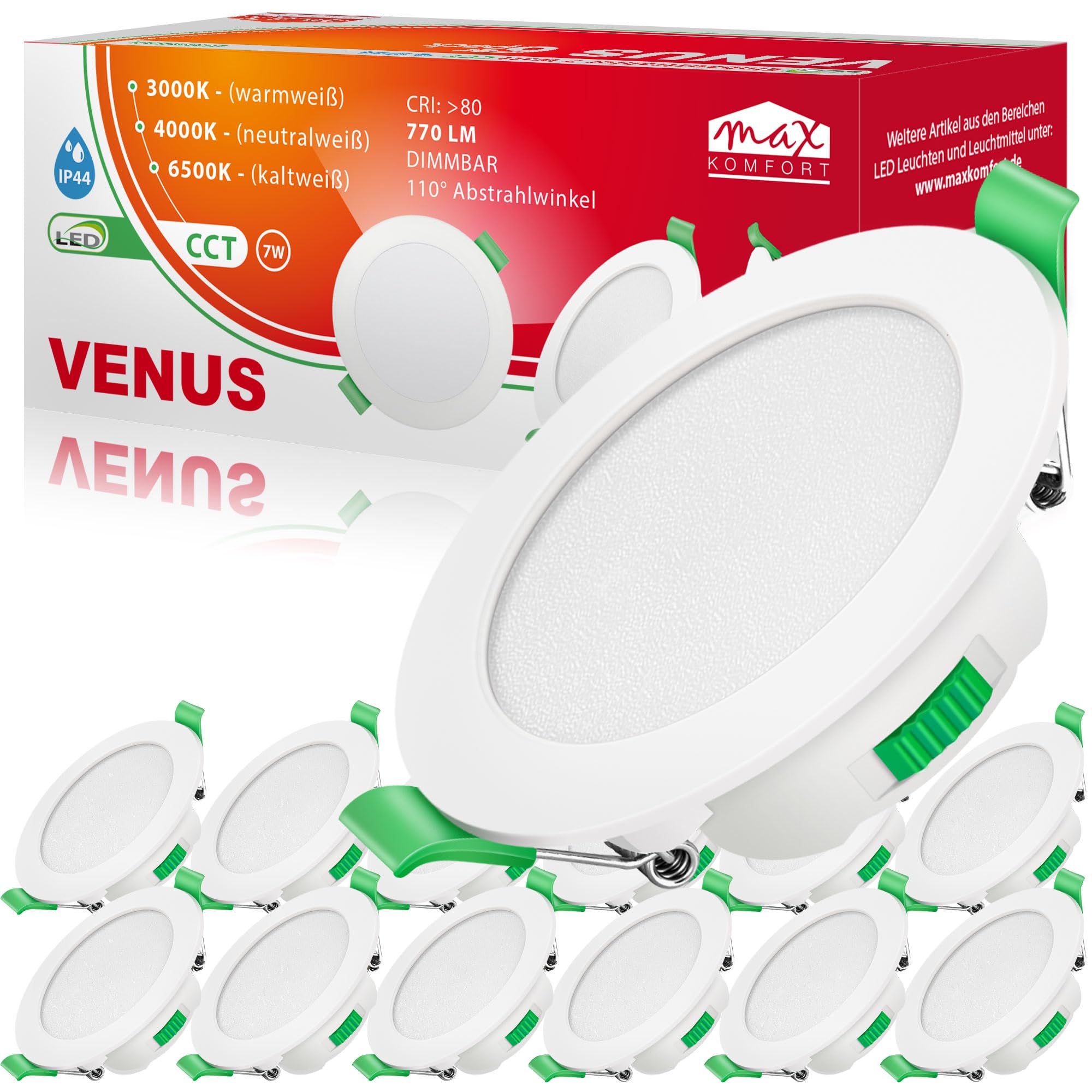 Maxkomfort LED Einbaustrahler flach 7W Dimmbar Bad weiß VENUS | IP44, 110°, 770 Lumen, 68mm| Warmweiß Neutralweiß Kaltweiß | Einbauspot, Deckenstrahler Deckenspot 12er SET
