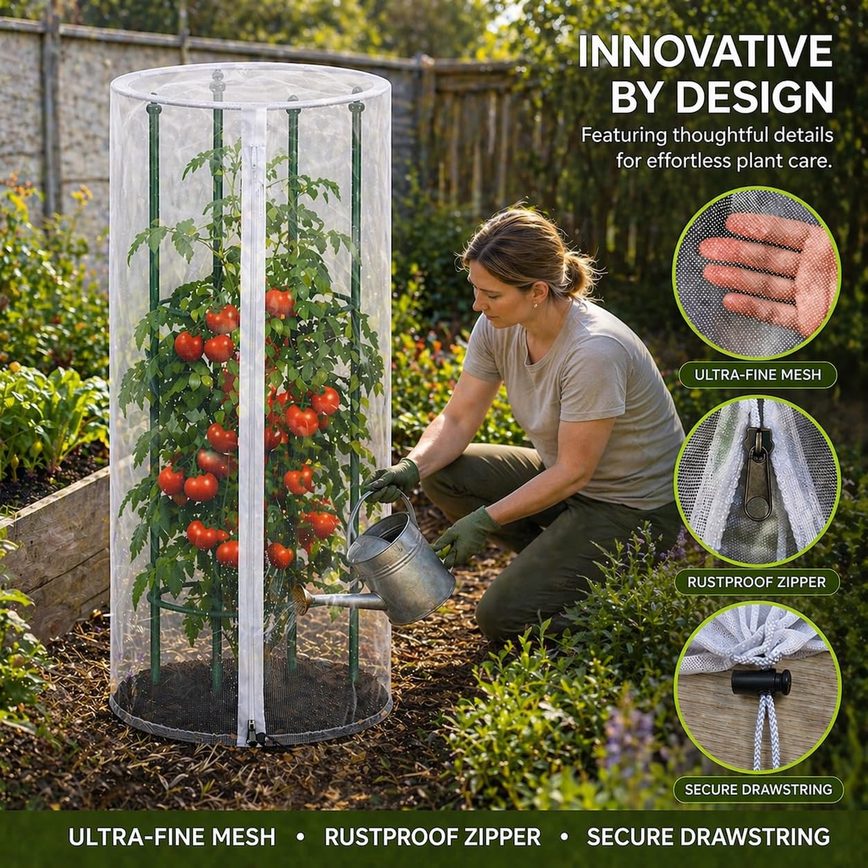 Vogelschutznetz & Insektenschutznetz für Tomaten Rankhilfe und Rankgitter, ohne Gestänge, 3er Set Rundes Pflanzenschutznetz Ø45 × 155 cm, Engmaschiges Gemüseschutznetz mit Reißverschluss und Zugband