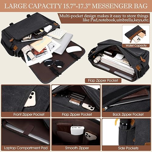 Miniatura 4 de Bolsa de mensajero para hombres 15.7-17.3 pulgadas 2 unids bolsa de trabajo bolsa de cuero lona maletín de mano en bolsa