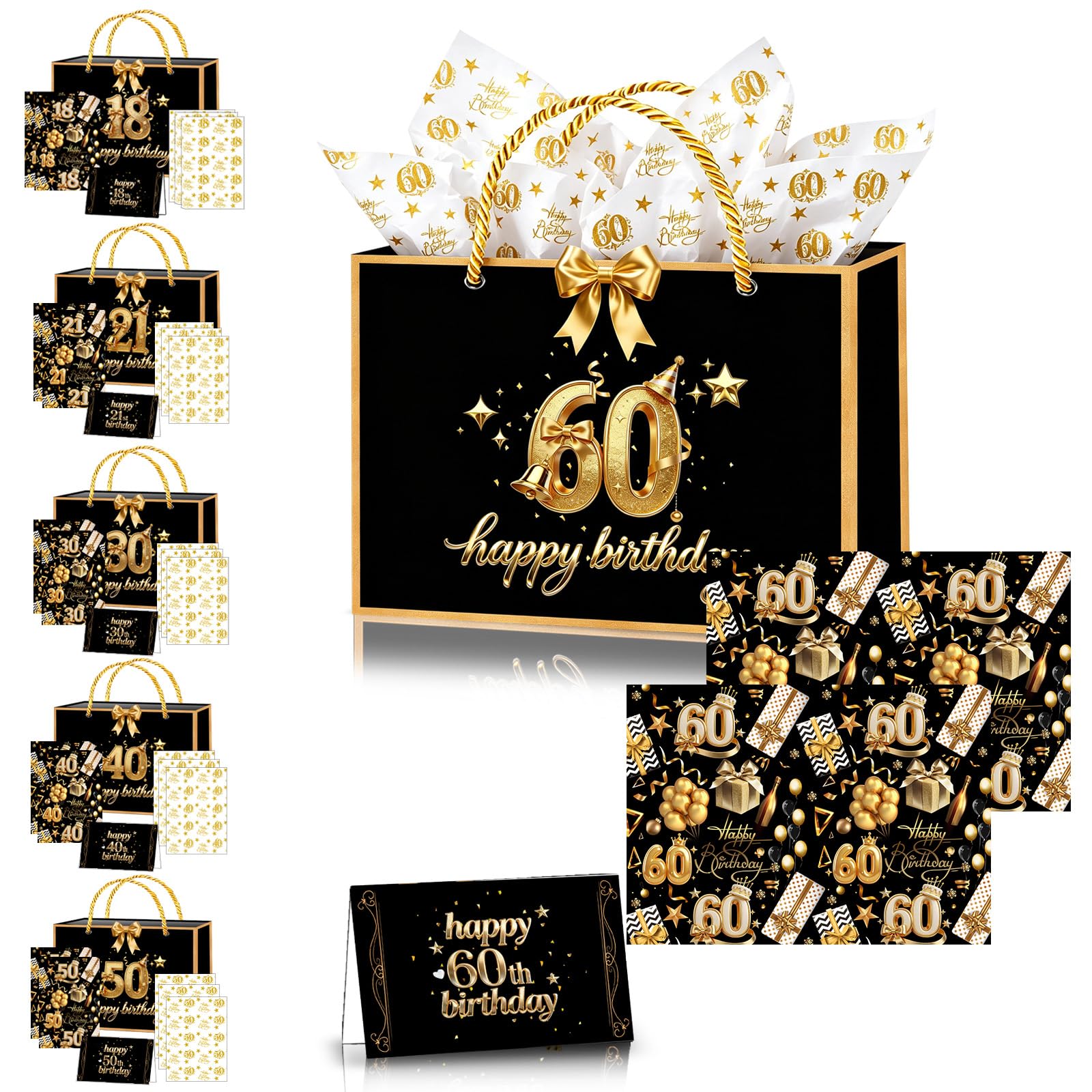 60th Birthday Gift Bag for Women Men,11×8×4" Black Gold 60th Gift Bag with 60th Birthday Wrapping Paper Tissue Paper Sheets Card and Ribbon for Him Her Female Male 60th Birthdays Present Decorations