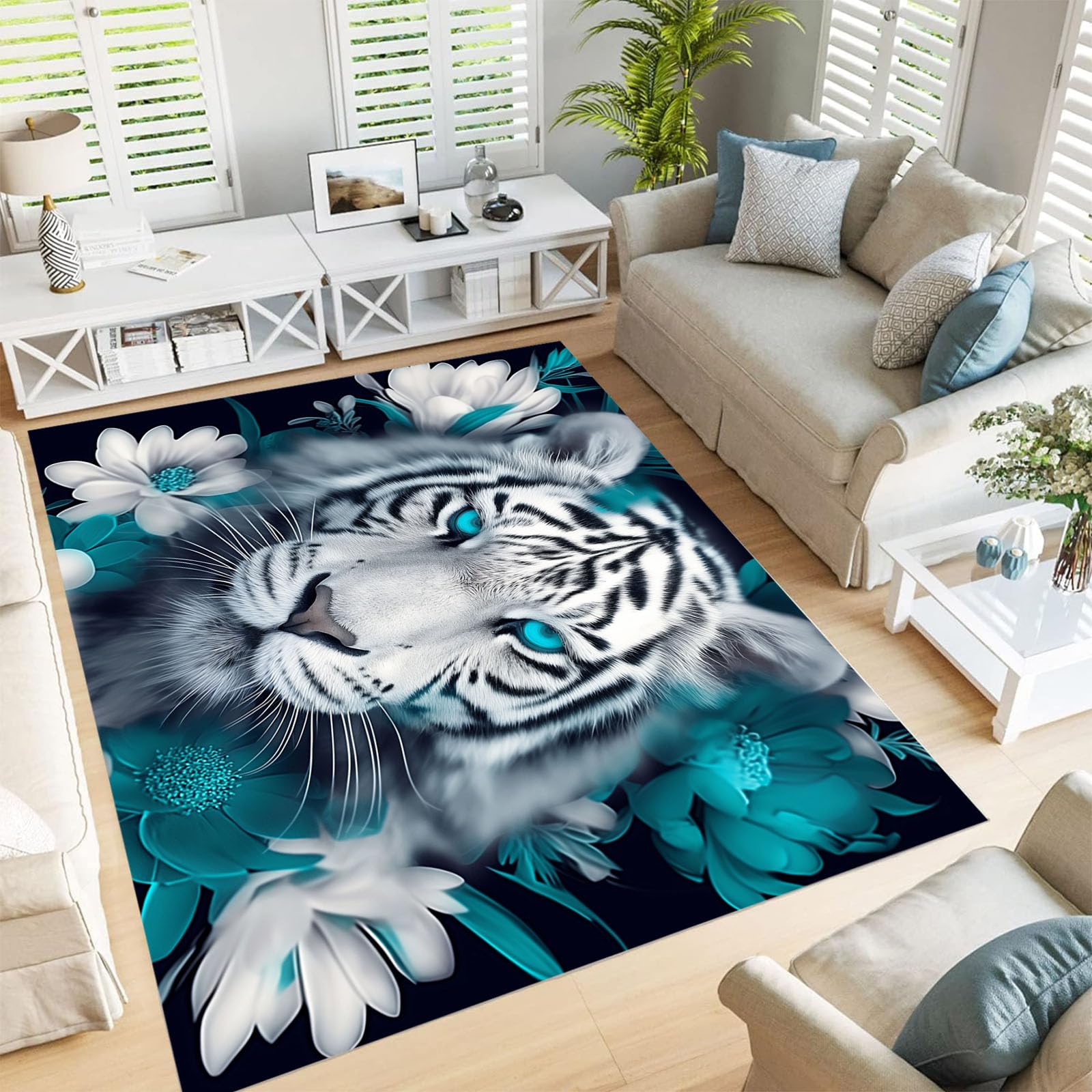 Tapis tigre blanc antidérapant et lavable pour éliminer les taches et sécuriser le sol du salon