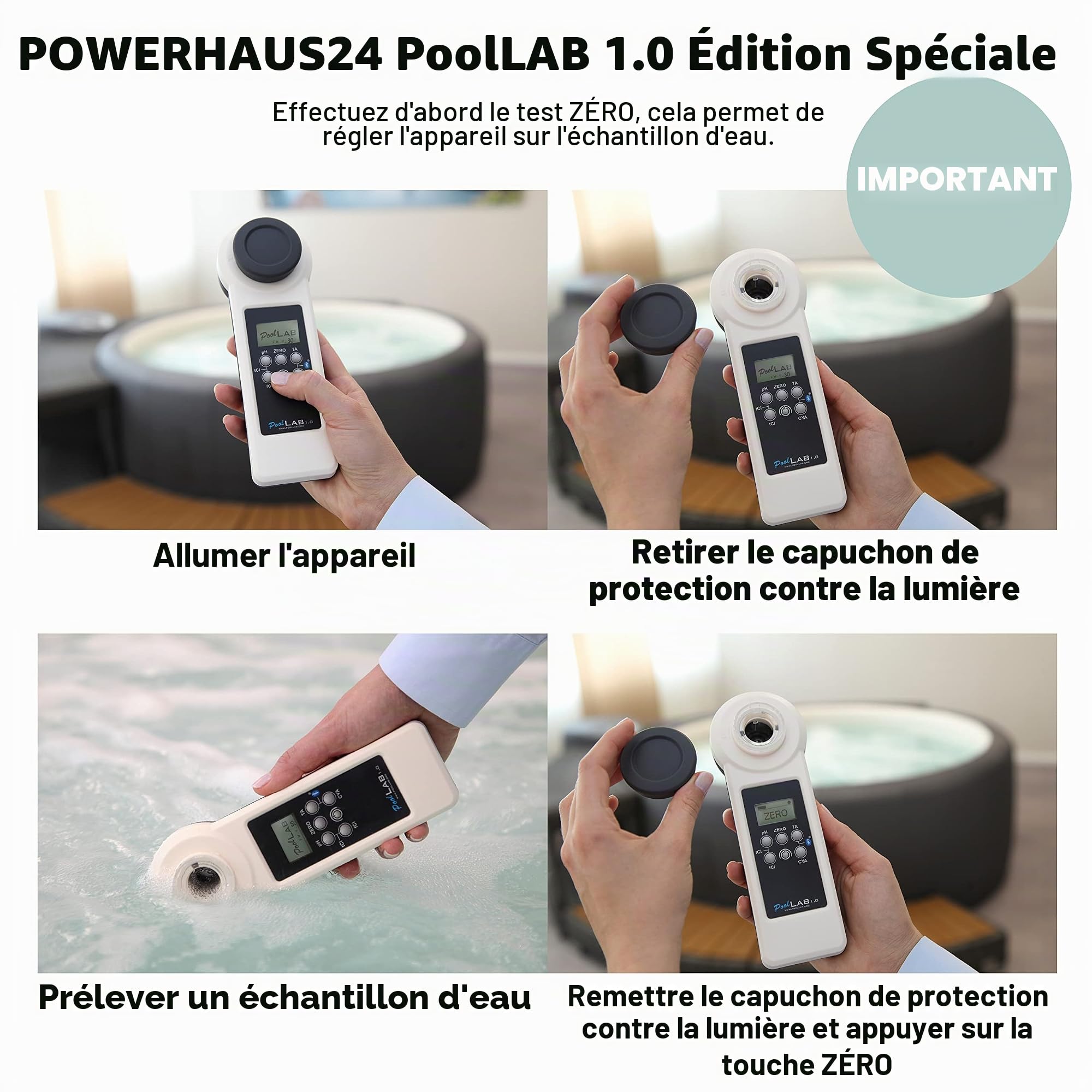 POWERHAUS24 PoolLAB® 1.0 Special Edition Testeur d'eau électronique, 13 en 1, avec 70 pastilles de test et une cuvette de rechange