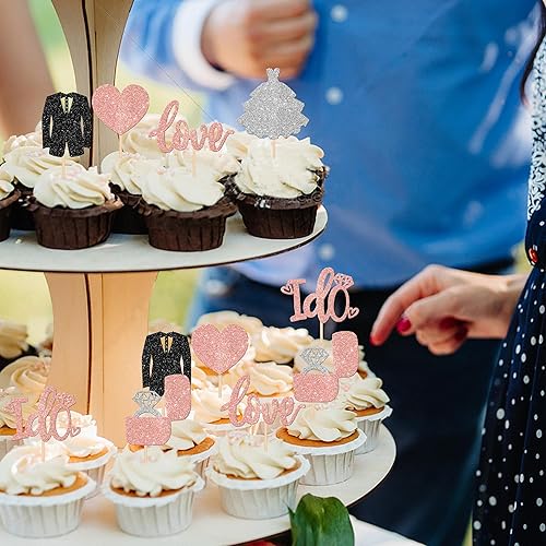 Miniatura 4 de Rsstarxi Paquete de 24 adornos para cupcakes de boda con purpurina para novio y novia, anillo de diamantes con diseño de amor I Do para despedidas