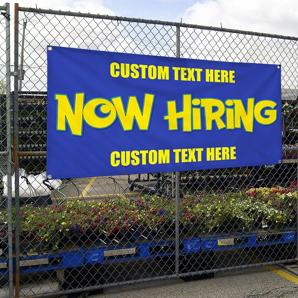 Custom Vinyl Banner Multiple Sizes Now Hiring #1 Outdoor Advertising Printing B1 Now Hiring Outdoor Weatherproof Industrial Yard Signs 4 Grommets Personalized Text Here 16x40Inches