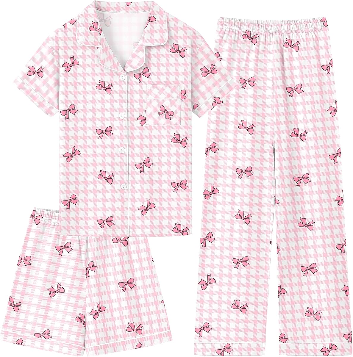 Schbbbta Conjunto de Pijamas para Niñas Pijamas de Algodón Elástico 3 Piezas Ropa de Dormir Ropa de Dormir con Botones para Niños, 5-14 Años