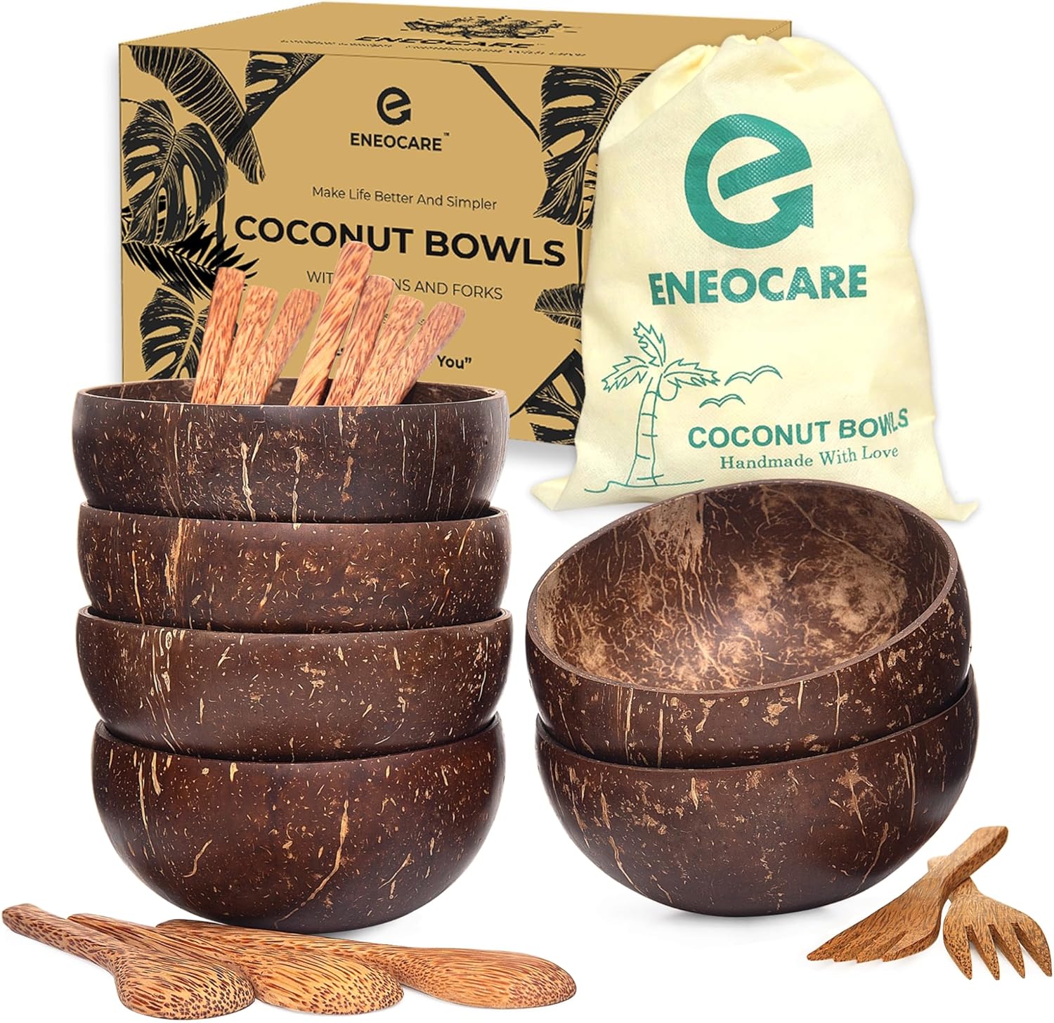 Set of 6 Natural Coconut Bowls and Wooden Spoon Sets | Organic Reusable Eco-friendly Smoothie Acai Buddha Bowl Sets