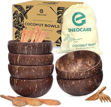 Set of 6 Natural Coconut Bowls and Wooden Spoon Sets | Organic Reusable Eco-friendly Smoothie Acai Buddha Bowl Sets
