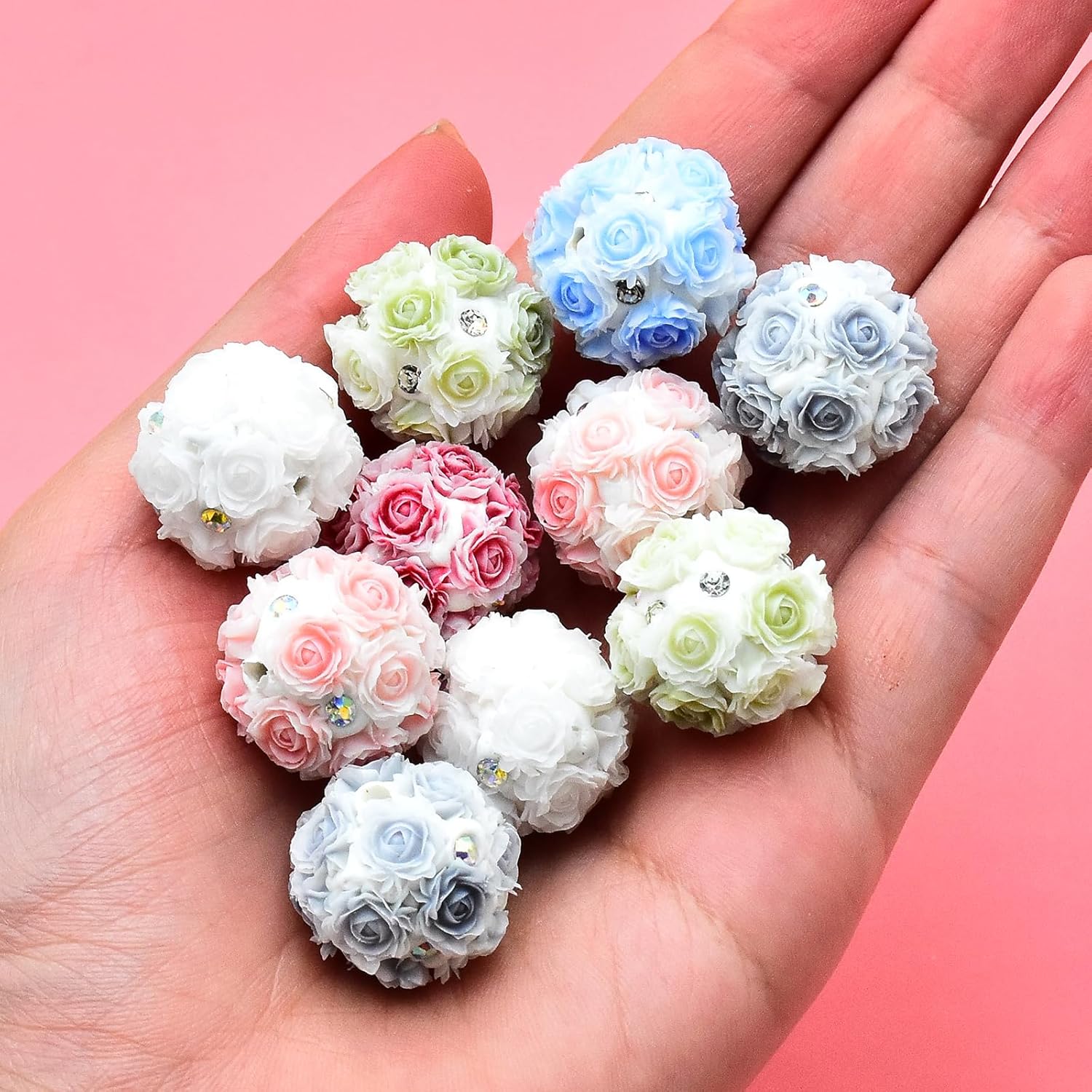 12Pcs 20mm Flower Ball Beads for Pens Colorful 3D Rose with Diamond Beads Polymer Clay Flower Spacer Craft Bead for DIY Craft Beadable Pens Bracelet Necklace Earrings Keychain Jewelry Making - Image 3
