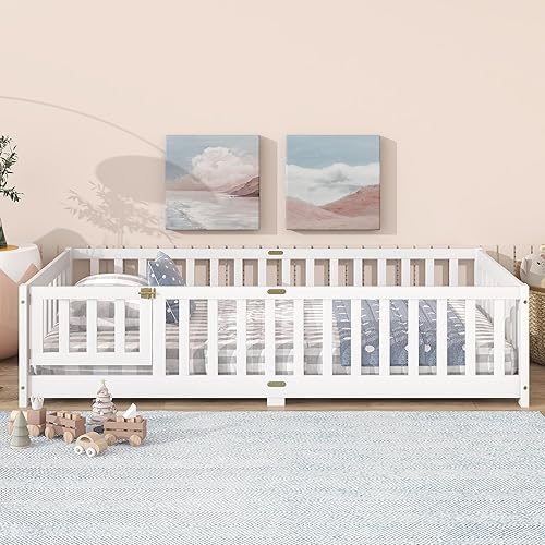 Miniatura 87 de Harper & Bright Designs Cama de suelo tamaño Queen con valla y puerta, marco de cama Montessori de madera para niños, niñas, listones incluidos, no