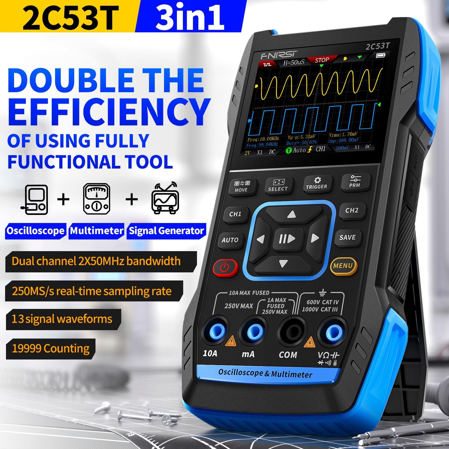 2C53T 3-in-1 Handoszilloskop Multimeter DDS Generator, 2 Kanal, 50MHz Bandbreite, 250MSa/ s Abtastrate, 20.000 Berechnungen, Spannung, Strom, Kapazität, Widerstand, 2* P6100 Sonden